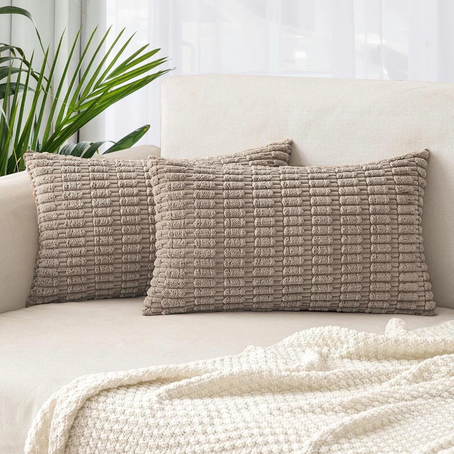 1 Gioia Casa 2-Pack Boho Striped Corduroy Cushion Covers 30x50cm - Taupe, 1 of 3