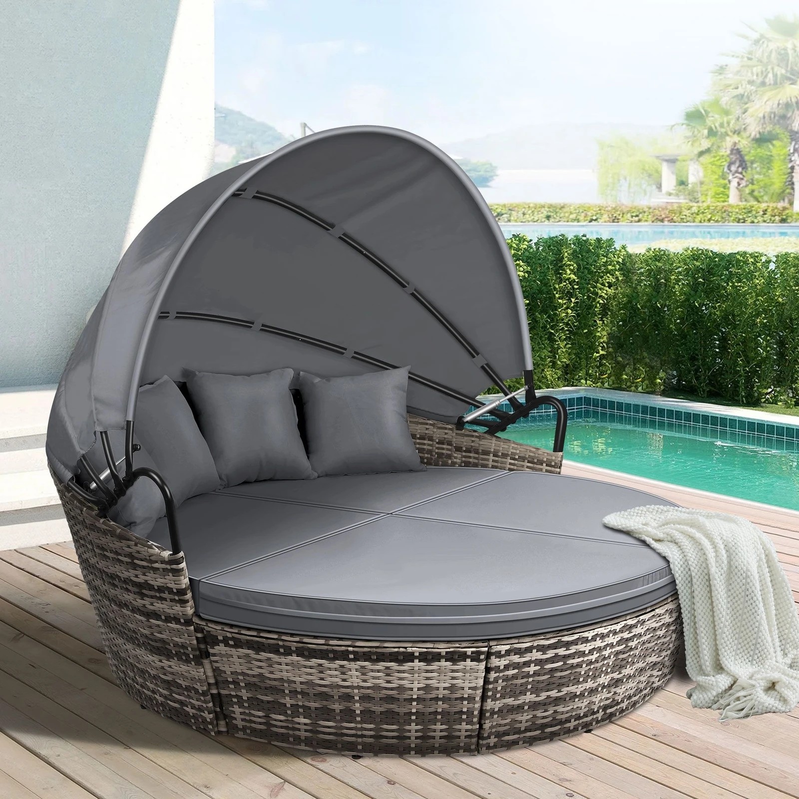 3 Alfordson Outdoor Sun Lounge Day Bed Wicker Furniture Sofa Bed Garden 3PCS - Grey, 3 of 10