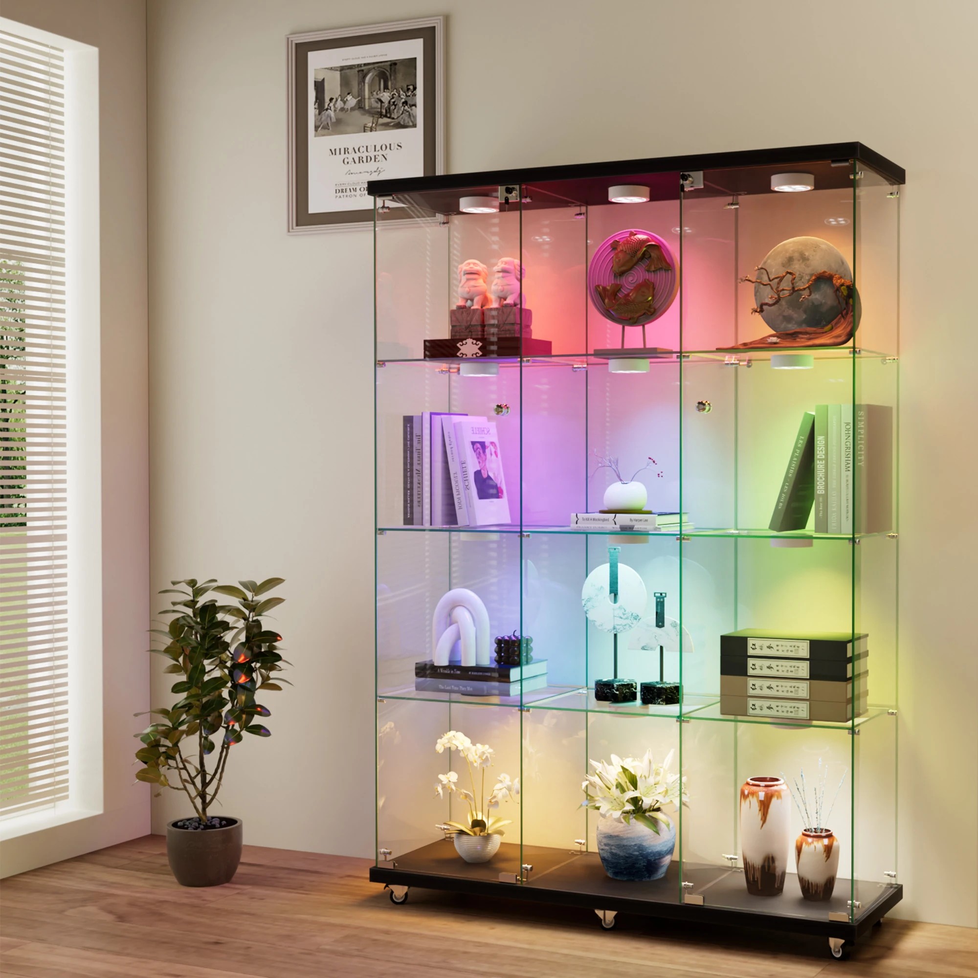 8 Stacked Wheeled Glass Display Cabinet Lockable Key Storage 169cm With RGB Light, 8 of 9
