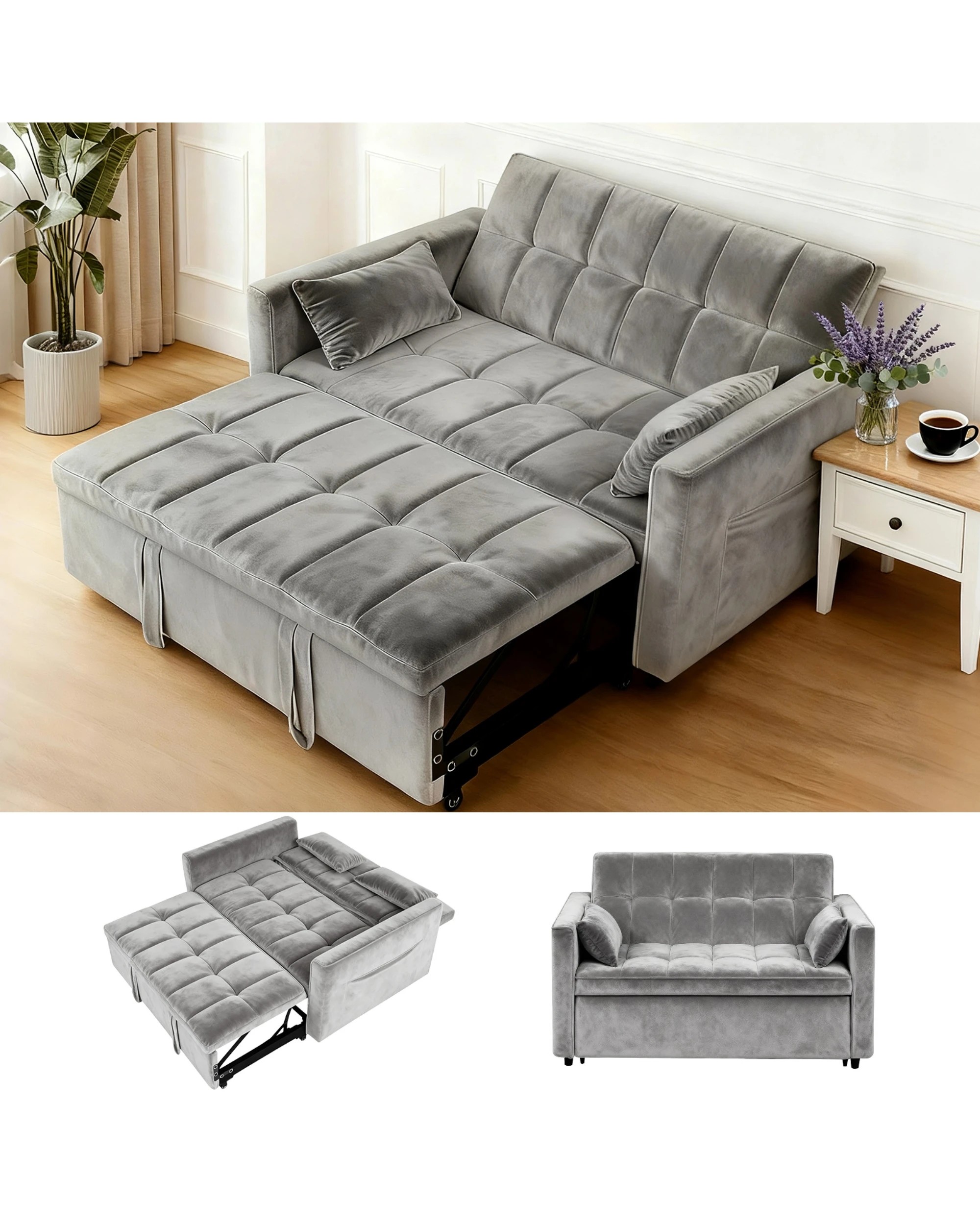 3 Advwin 3 in 1 Convertible Sofa Bed Velvet Sleeper Loveseat with Adjustable Backrest Pull Out Couch with Side Pocket, 3 of 10