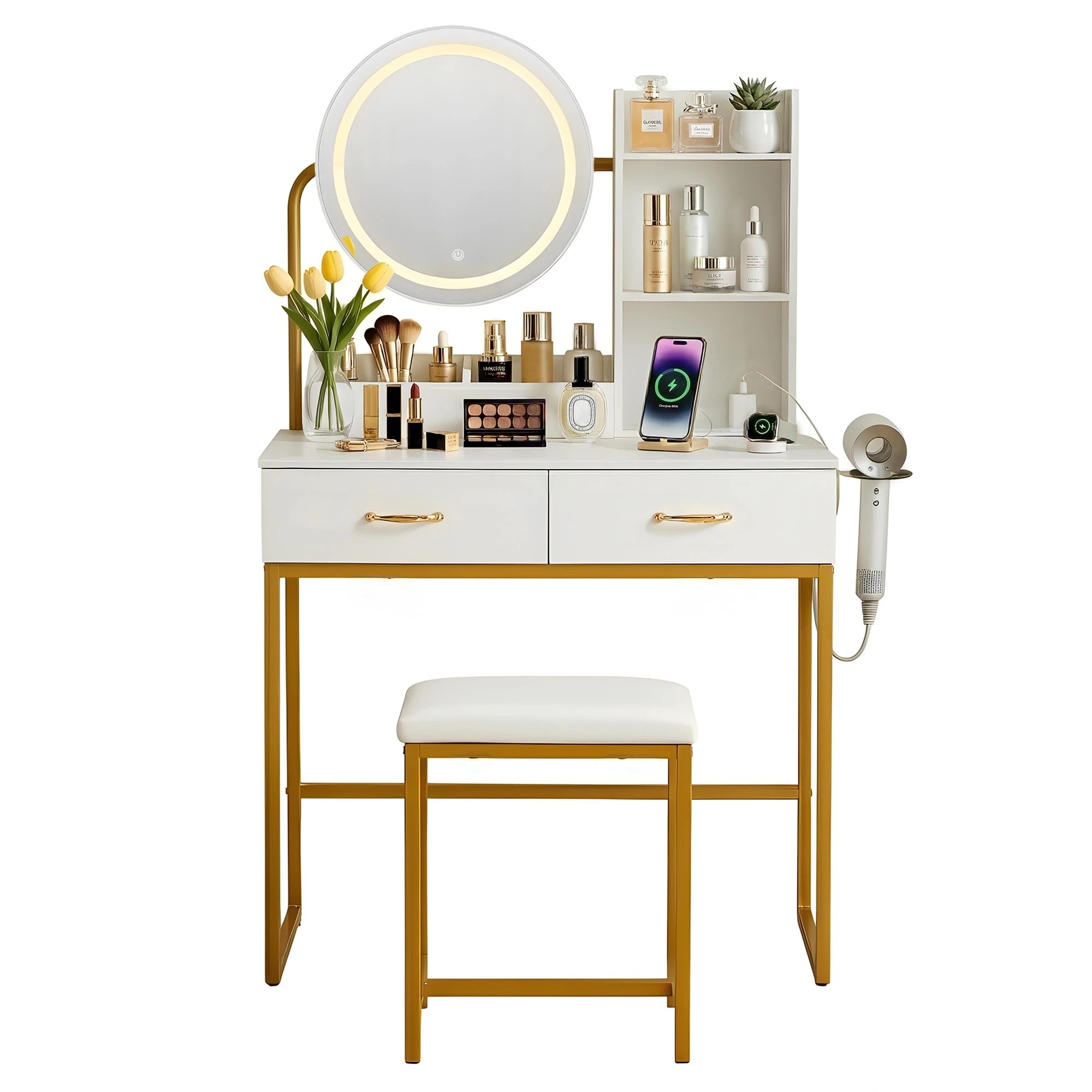 1 Artiss Dressing Table Charging Station LED Vanity Desk Set Stool Make up Mirror Storage Drawer - Multi, 1 of 9