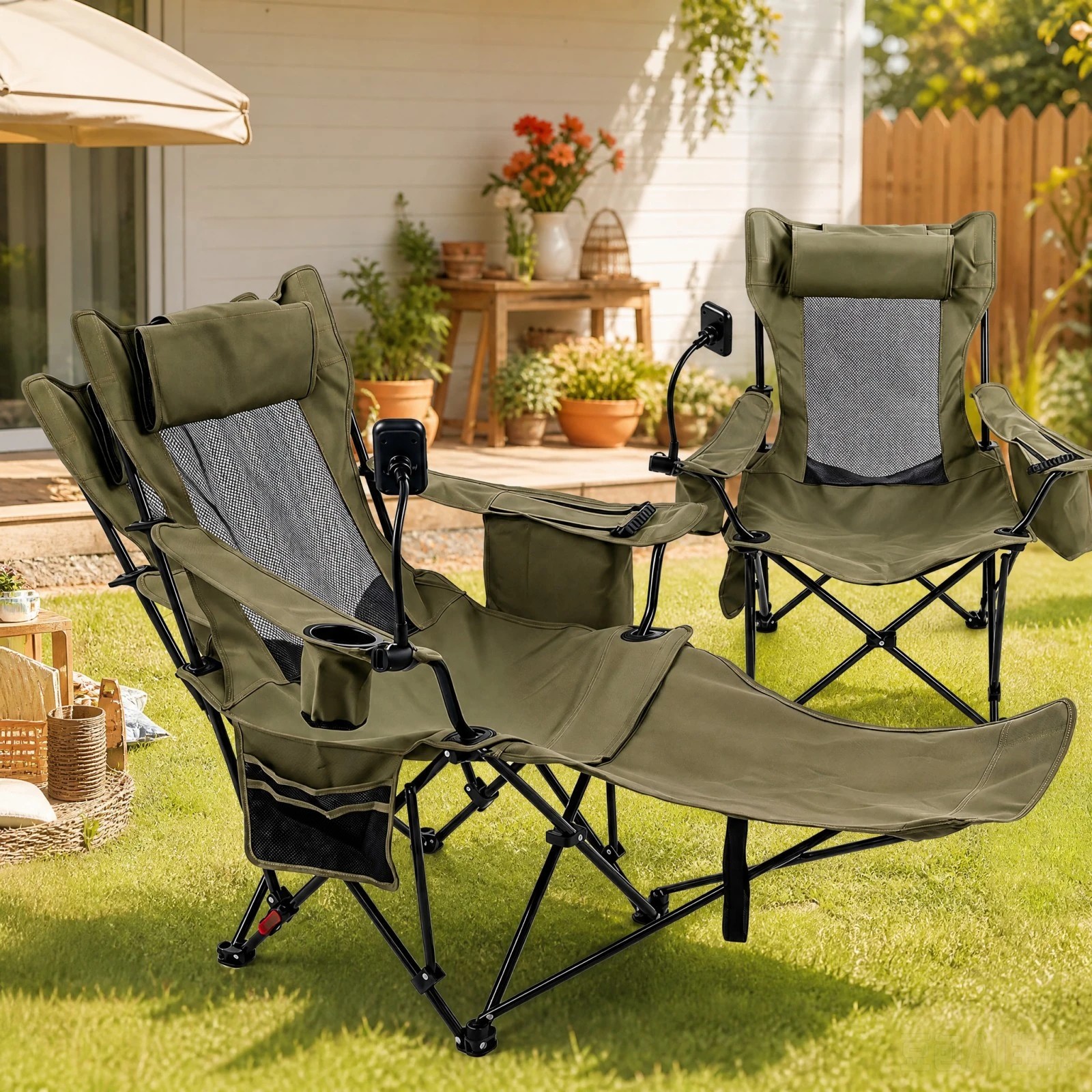 1 Costway 2-in-1 Reclining Camping Chair Folding Lounge w/Detachable Footrest & Phone Stand - Green, 1 of 2