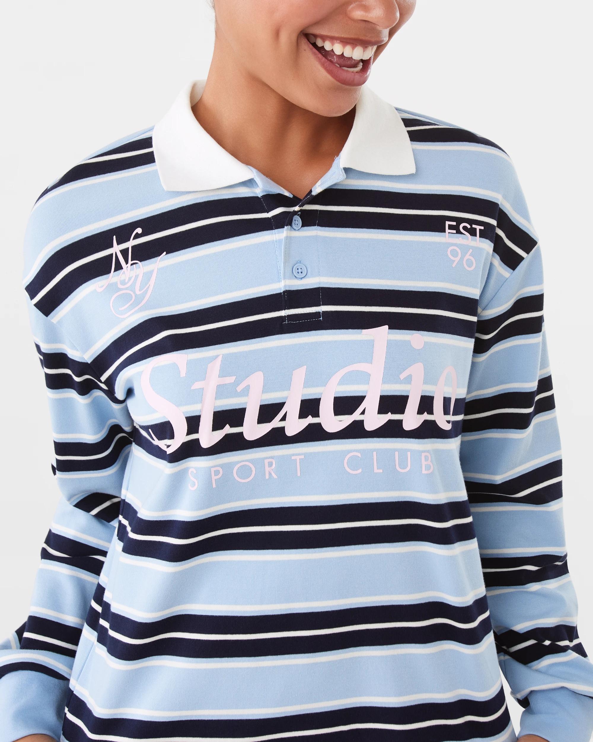 6 Long Sleeve Print Polo Shirt Blu Stripe, 6 of 8