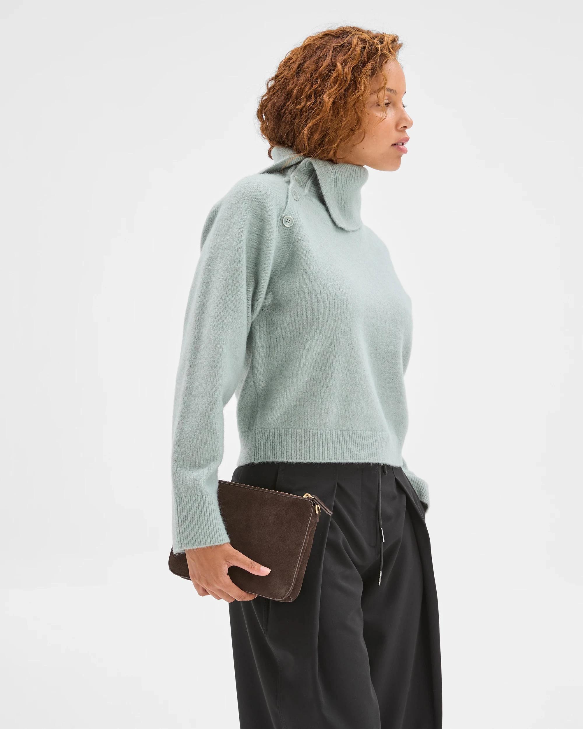 2 Preview Long Sleeve Asymmetric Fold Over Collar Sweater SEAFOAM, 2 of 5