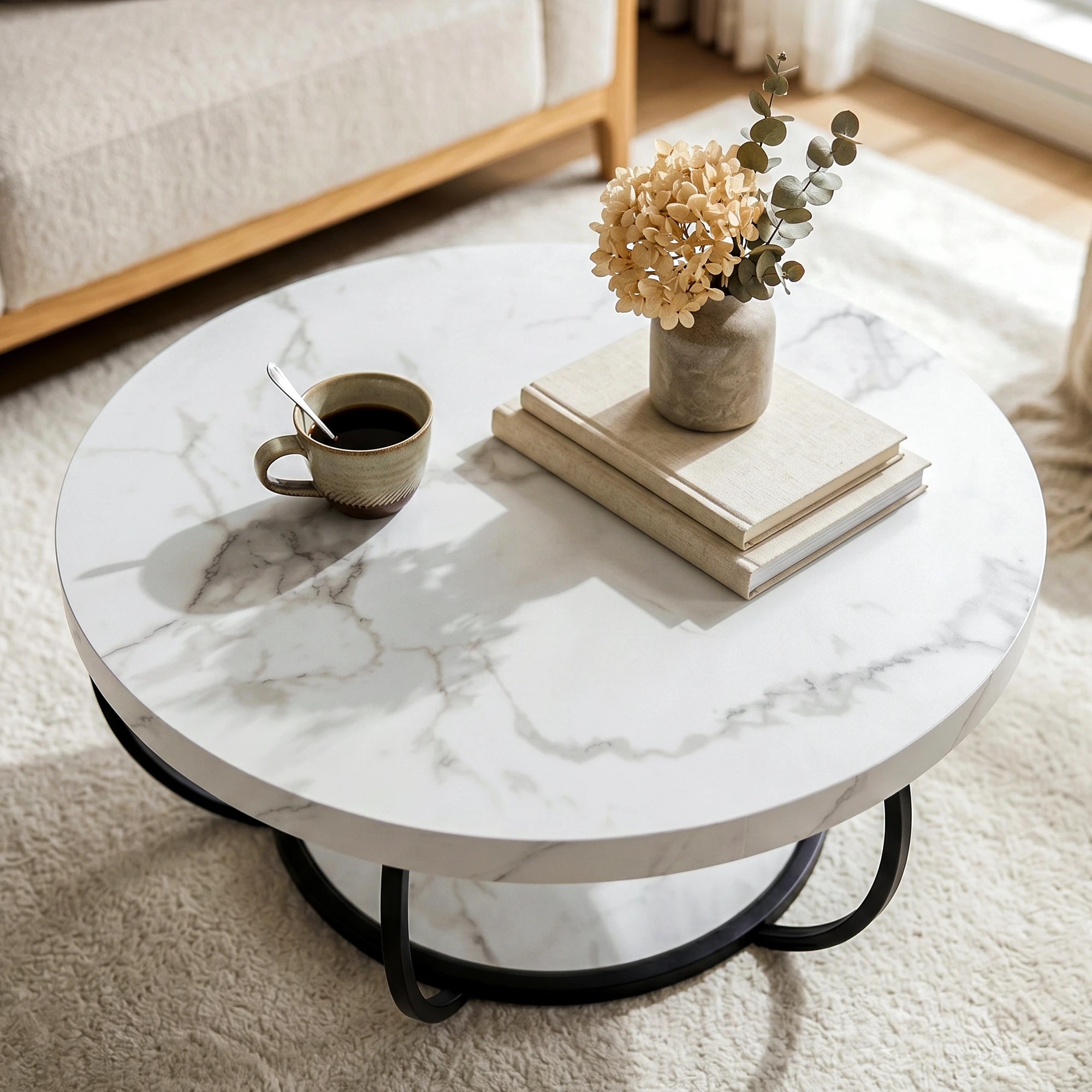 4 Artiss Coffee Table 2-Tier Marble Finish Round Sofa Side Table 80CM - Multi, 4 of 7