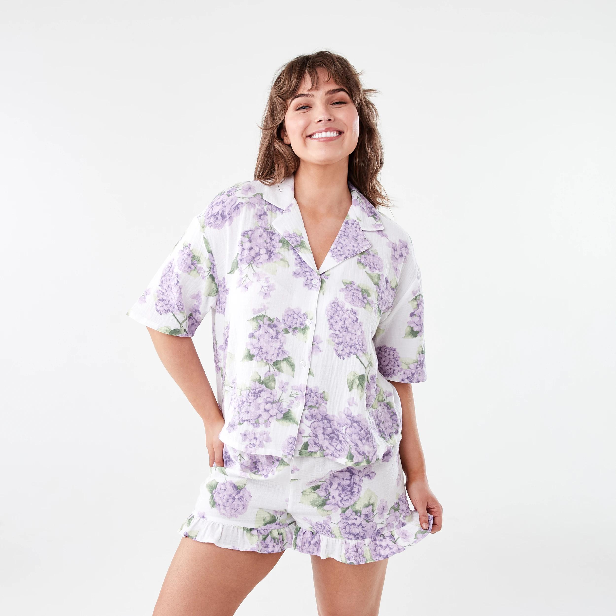 1 Short Sleeve Top and Shorts Double Cloth Frill Boxy Pyjama Set Hydrangea, 1 of 7