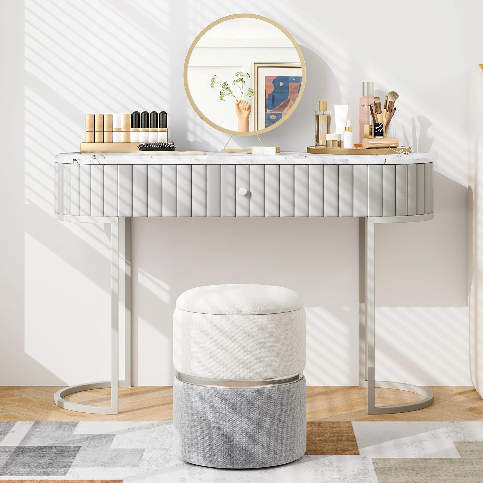 3 Costway 2PCS Round Storage Ottoman Linen Fabric Vanity Stool Upholstered Chair Grey, 3 of 4