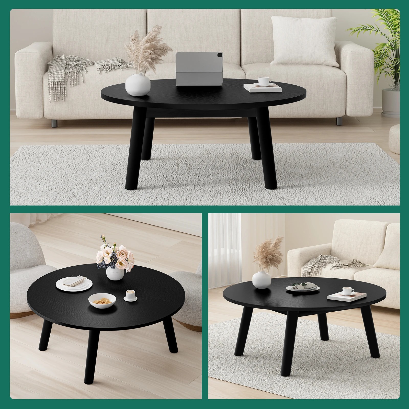 6 Alfordson Coffee Table Modern Round Table Sturdy Wooden Legs Living Room - Black, 6 of 10