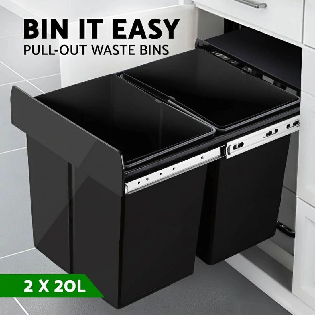 2 Cefito Pull Out Bin Kitchen Double Basket 2X20L - Black, 2 of 5