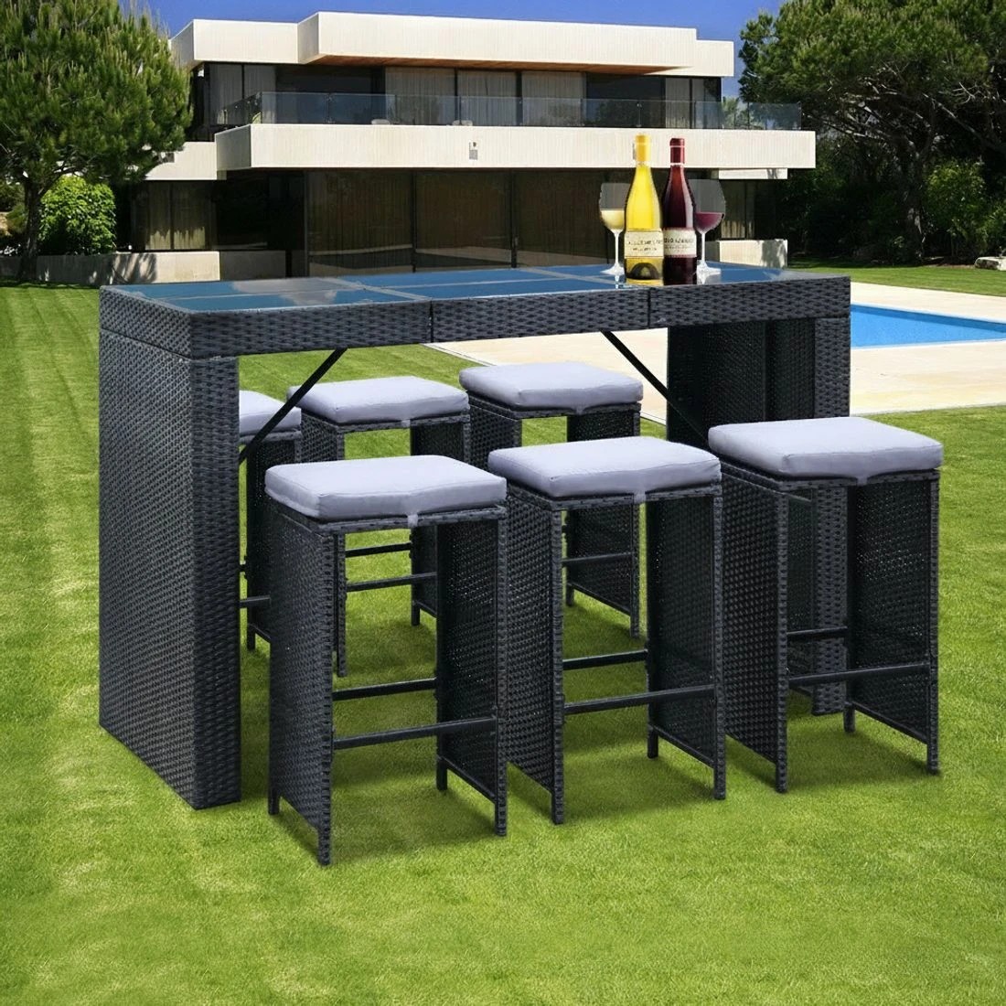 8 Gardeon 7-Piece Outdoor Bar Set Dining Table Stools Wicker Patio - Black, 8 of 8