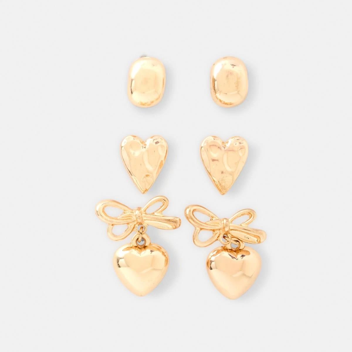 1 3 Pack Heart Bow Stud Earrings - Gold Tone Gold, 1 of 5