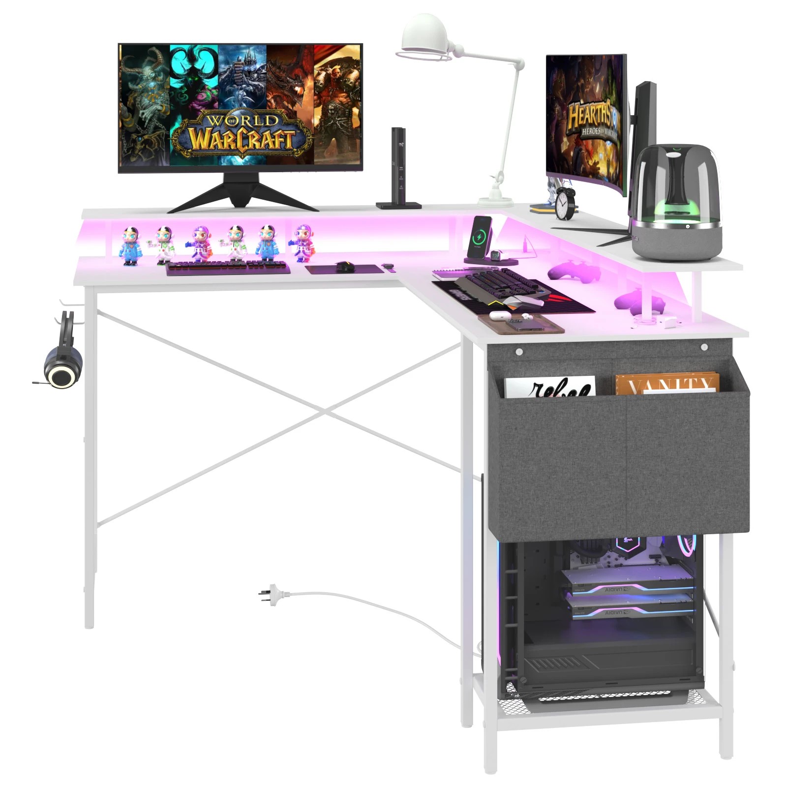 9 Advwin L Shaped Gaming Desk 136cm With Led Lights & Power Outlets White, 9 of 10