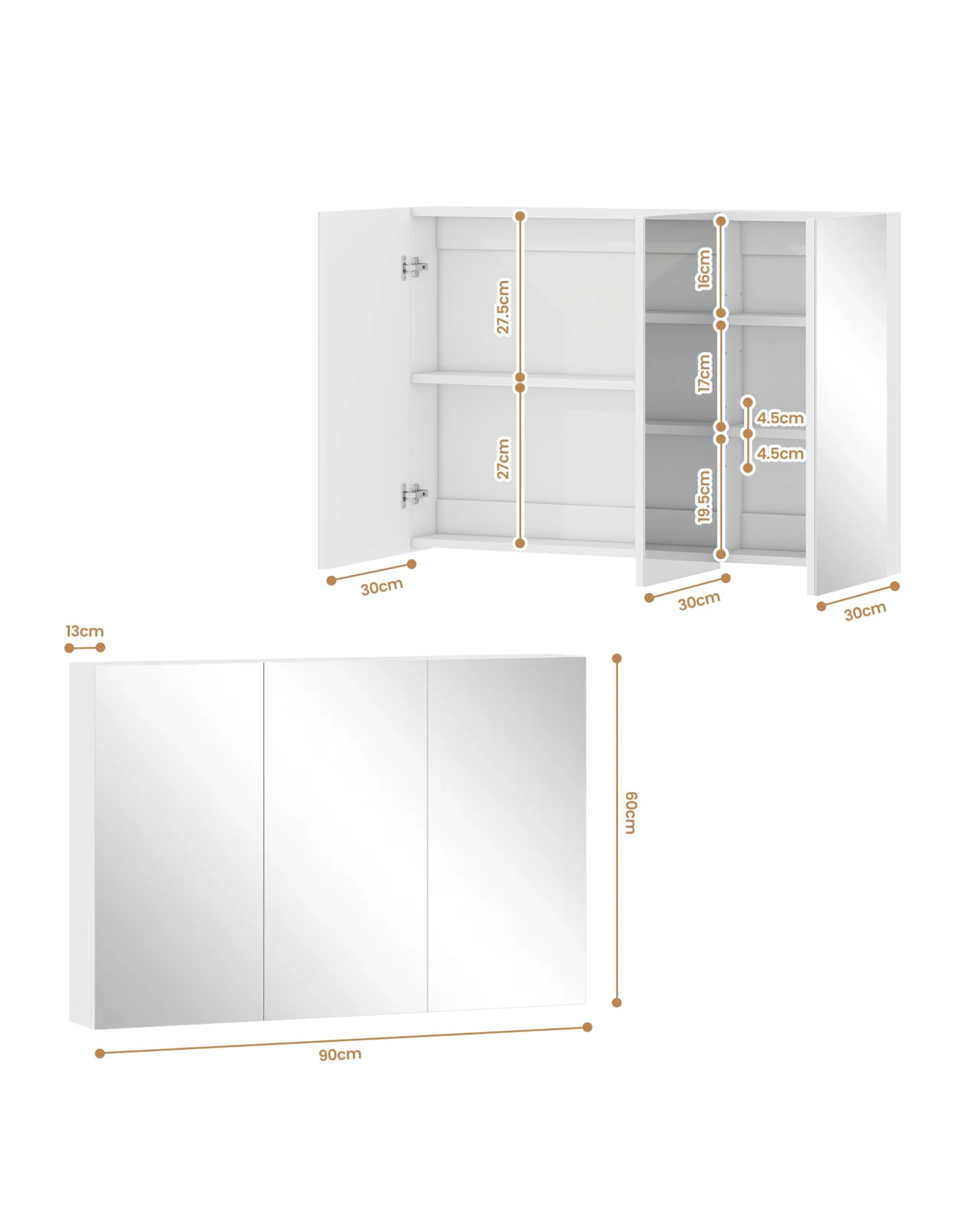 10 Advwin 900 x 600mm Cabinet LED Medicine Storage Unit 3 Door Mirror Shaving Cupboard w/ Adjustable Shelve, 10 of 10
