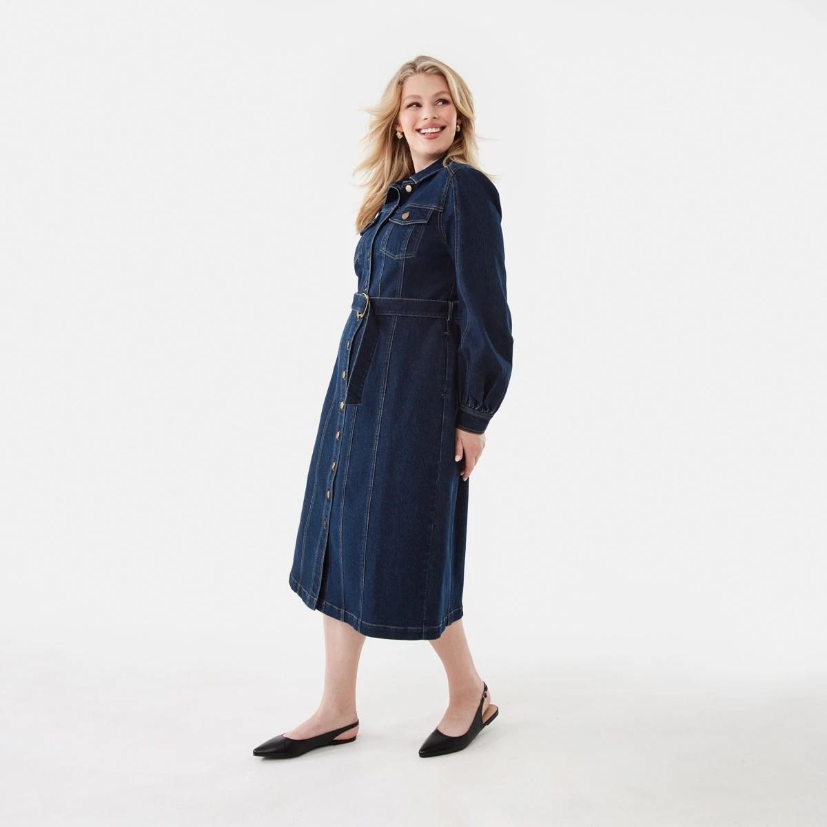 2 Long Sleeve Belted Denim Midi Dress Indigo, 2 of 10