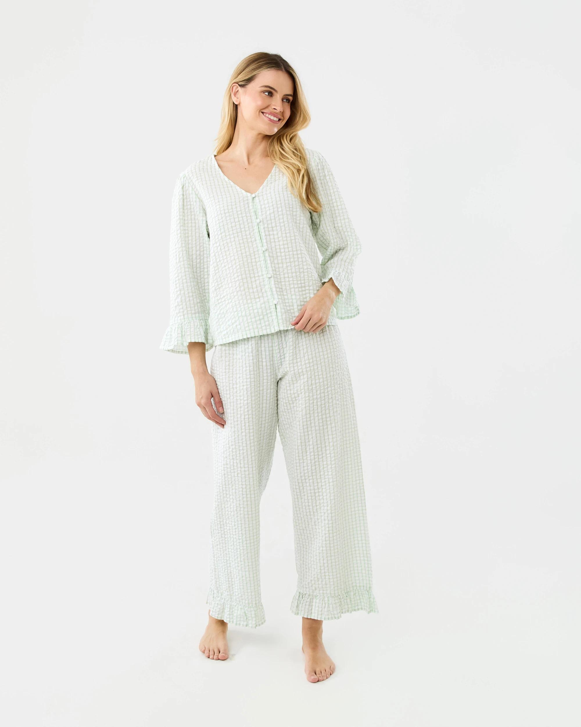 1 Yarn Dyed Cotton Seersucker Woven Frill Pyjama Set Gingham, 1 of 9