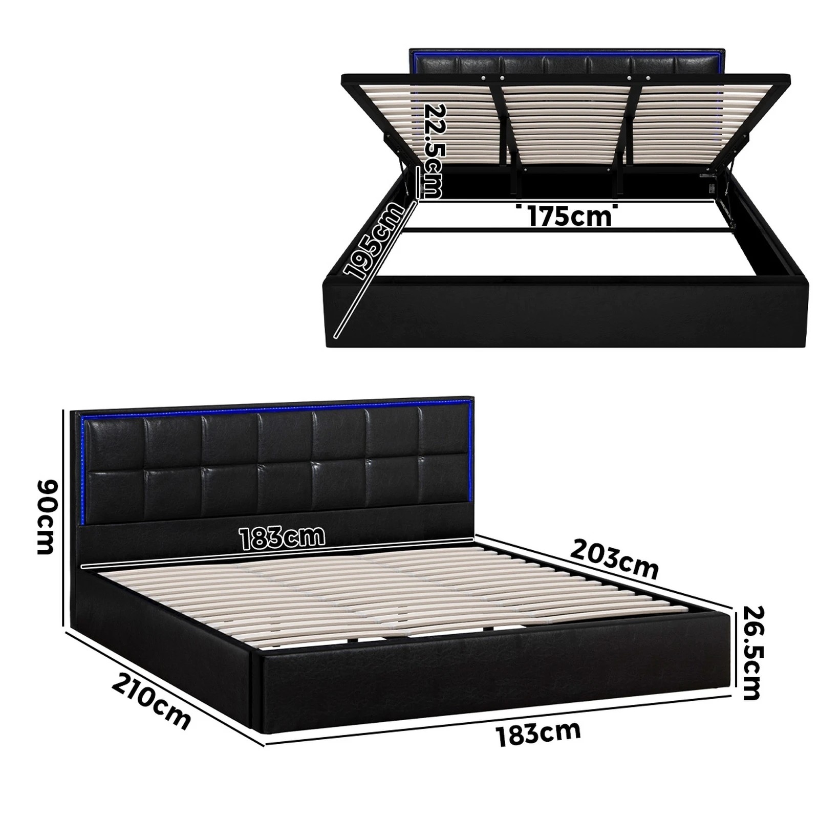 2 Oikiture Bed Frame King Size RGB LED Gas Lift Storage Base Leather - Black, 2 of 9