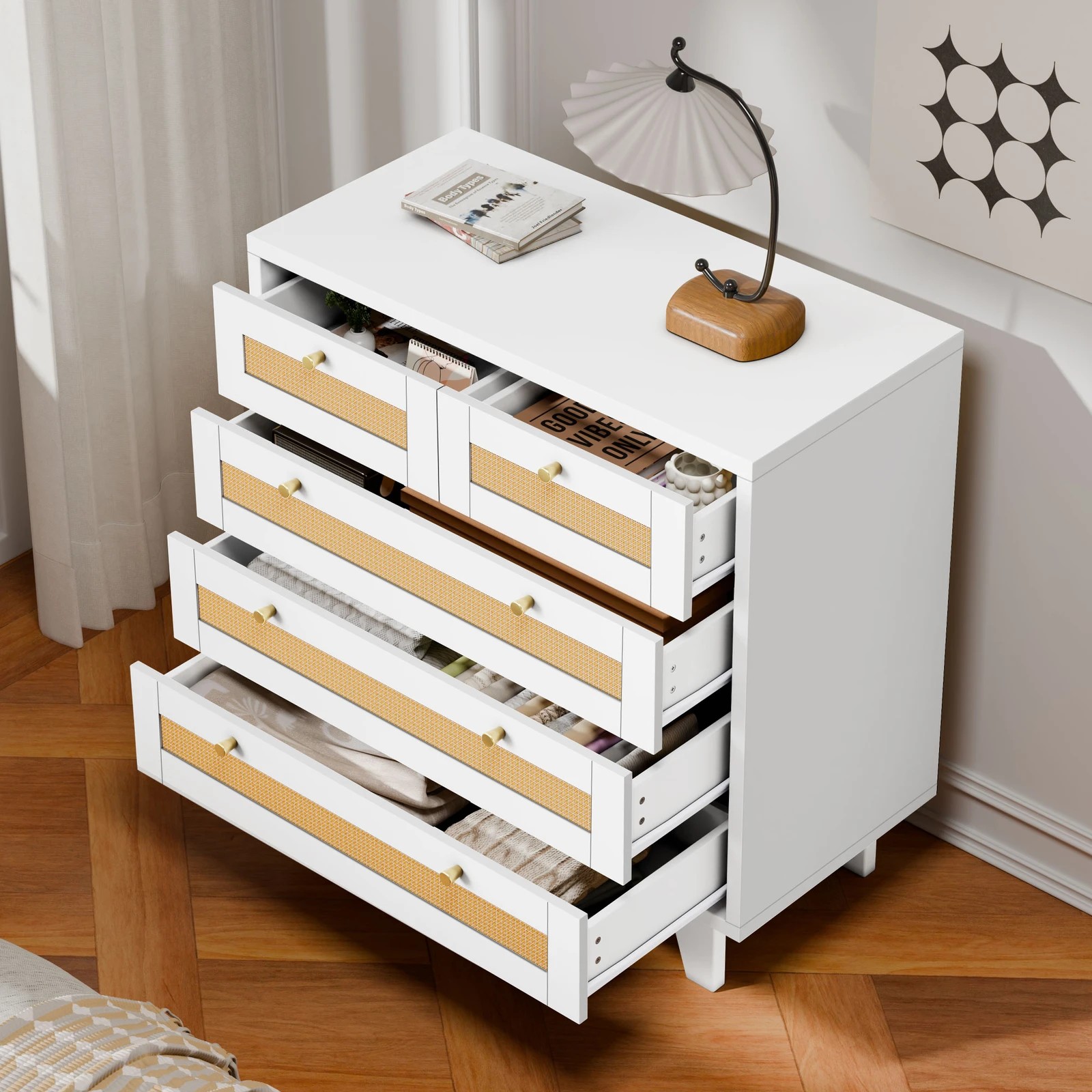 3 Alfordson 5 Chest of Drawers Rattan Storage Cabinet Dresser Tallboy - White, 3 of 10