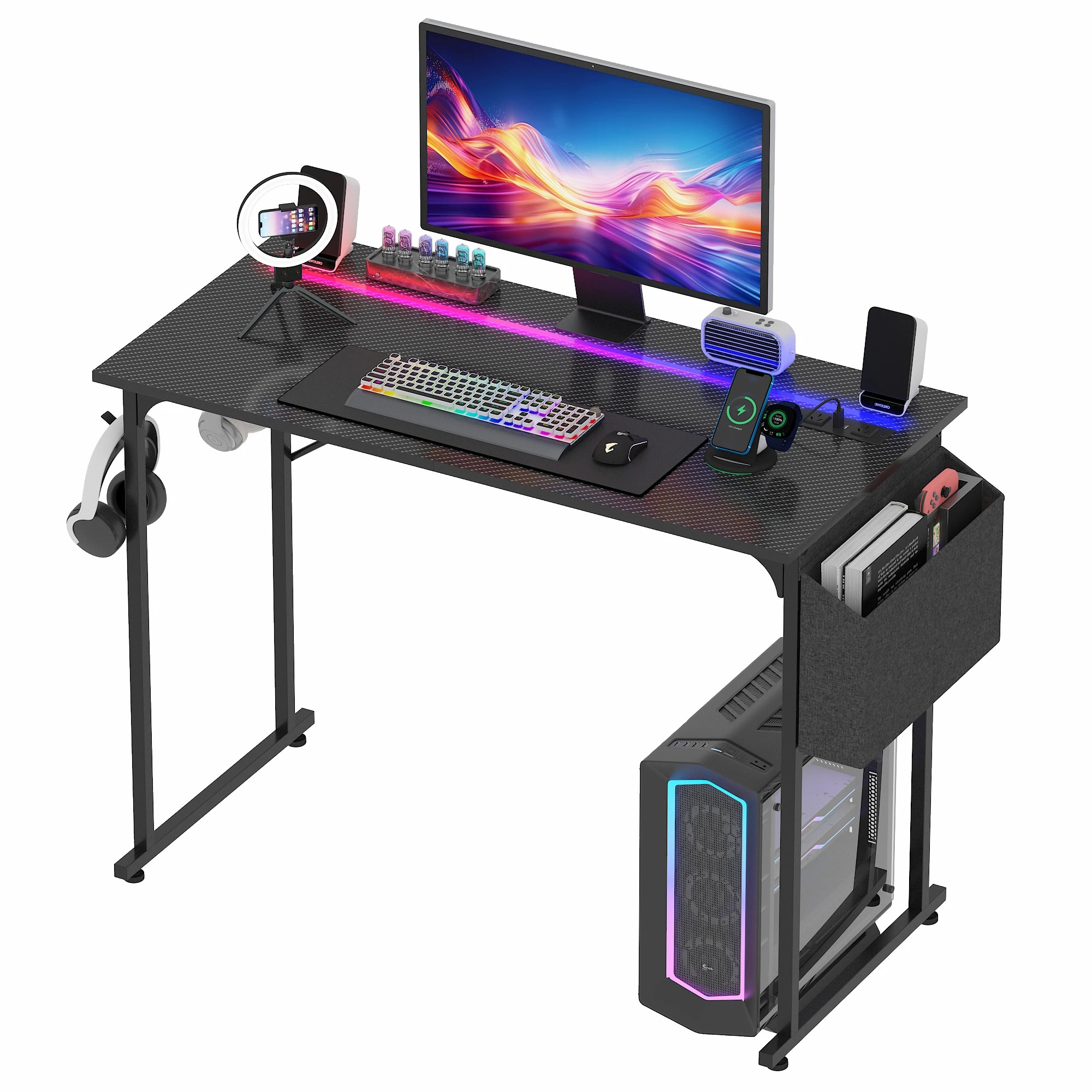 Advwin 100cm LED Gaming Desk w/ Power Outlets Carbon Fiber Small ...