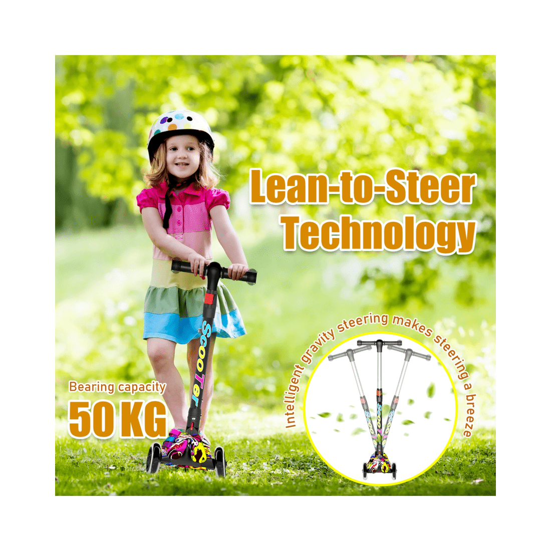 10 Advwin Foldable Kids Scooter w/ Music Light Up 3 Wheels Graffiti, 10 of 10