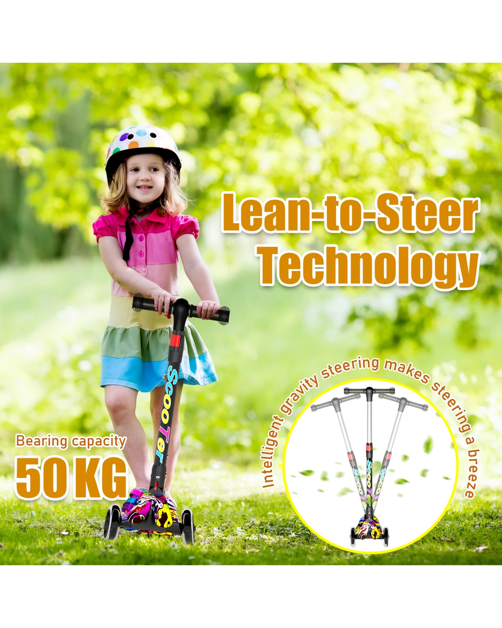 10 Advwin Foldable Kids Scooter w/ Music Light Up 3 Wheels Graffiti, 10 of 10