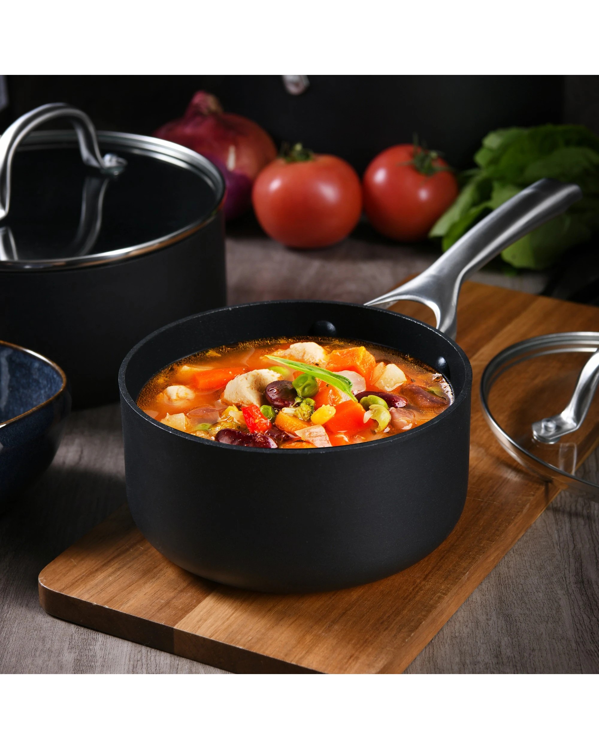 2 Gourmet Kitchen Meteore Non-Stick Saucepan with Flat Lid 16cm - Black and Silver, 2 of 7