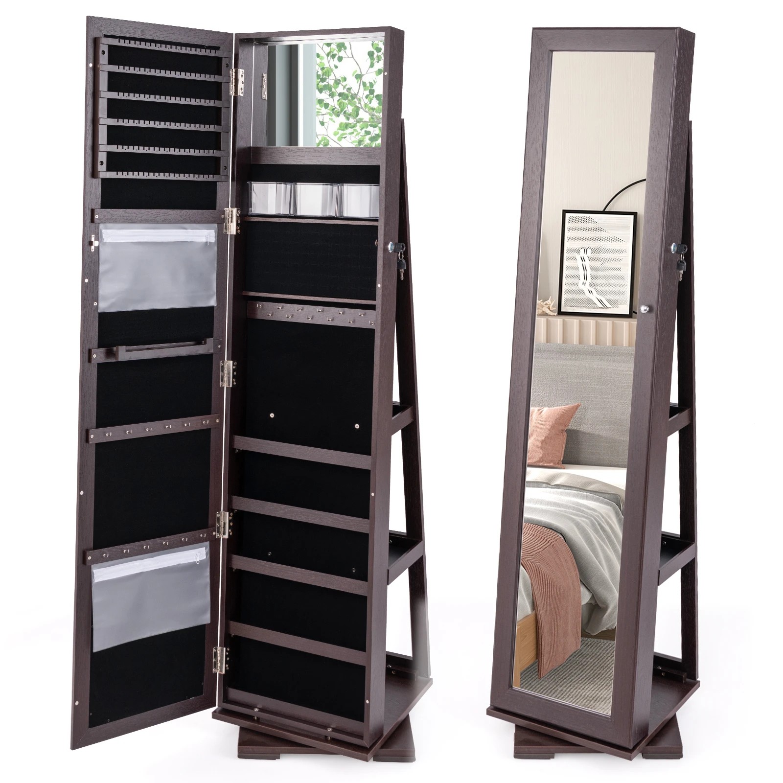 1 Costway Rotating Lockable Jewellery Cabinet Armoire w/Full-Length Mirror Jewelry Organizer - Brown, 1 of 5