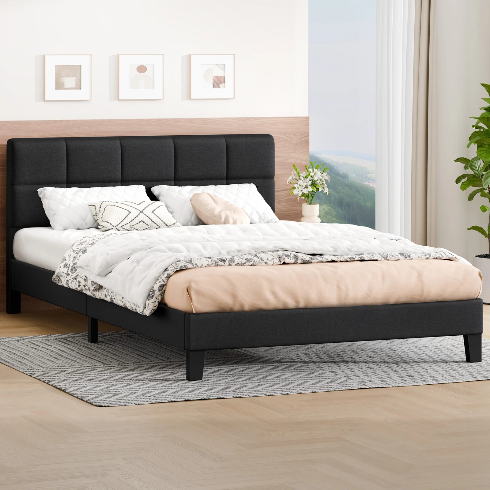 2 Alfordson Bed Frame Double Size Wooden Slats Platform Fabric Paula - Charcoal, 2 of 10