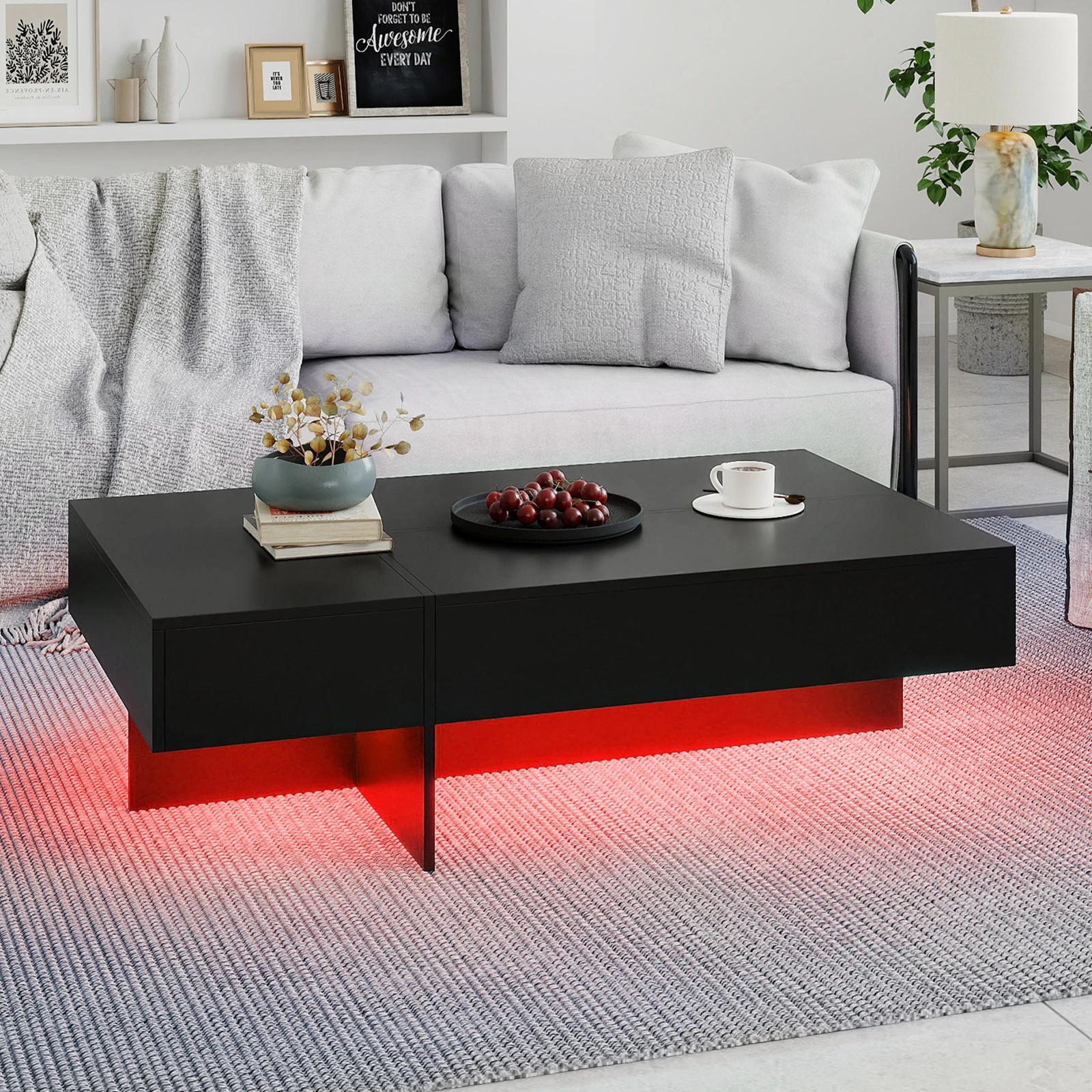 4 Costway Modern Coffee Table w/LED High-Gloss Accent Center Table Faux Marble - Black, 4 of 6