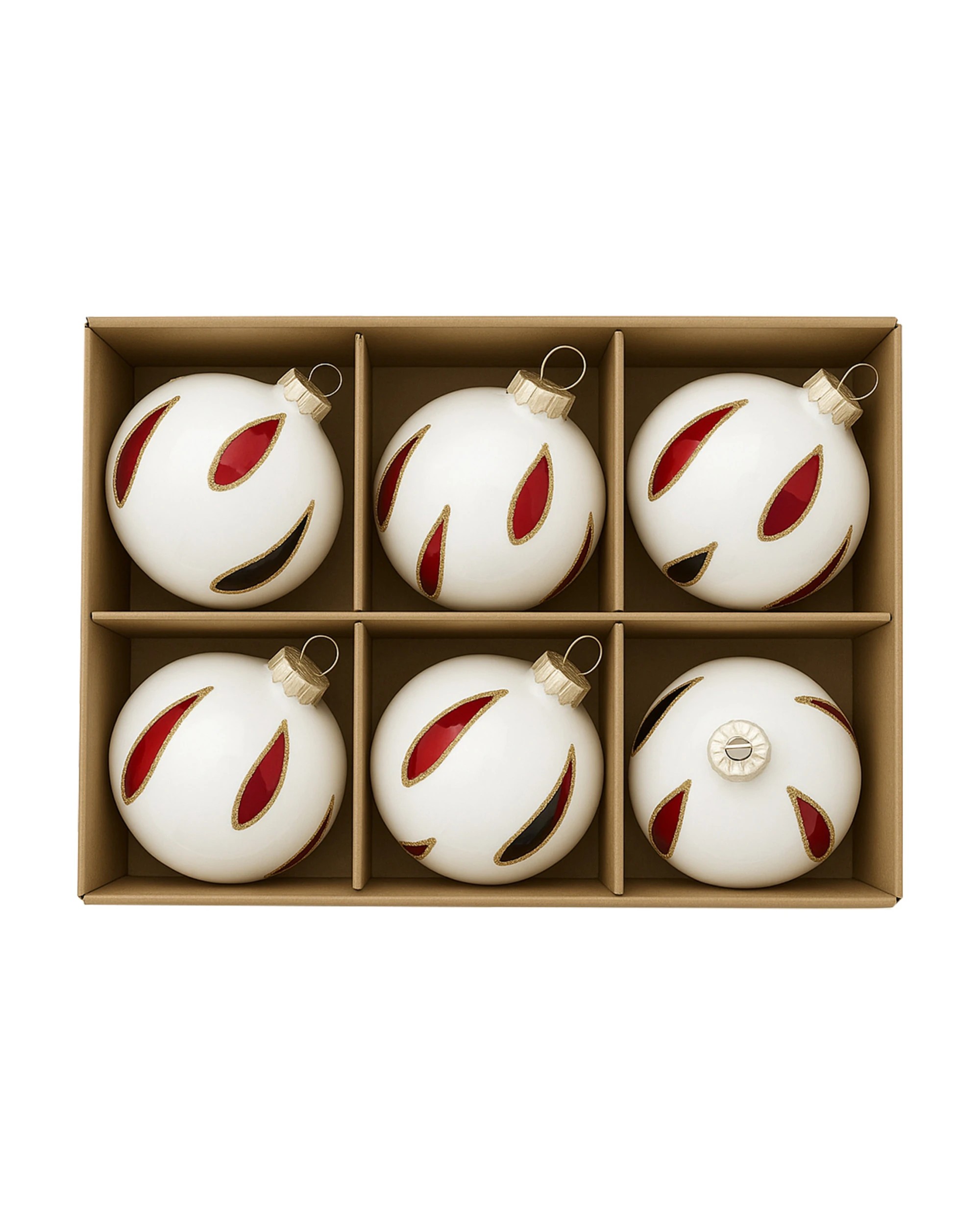 4 Christabelle White Glass Baubles 6-Pack 8cm with Red and Black Teardrop Design - White, 4 of 6