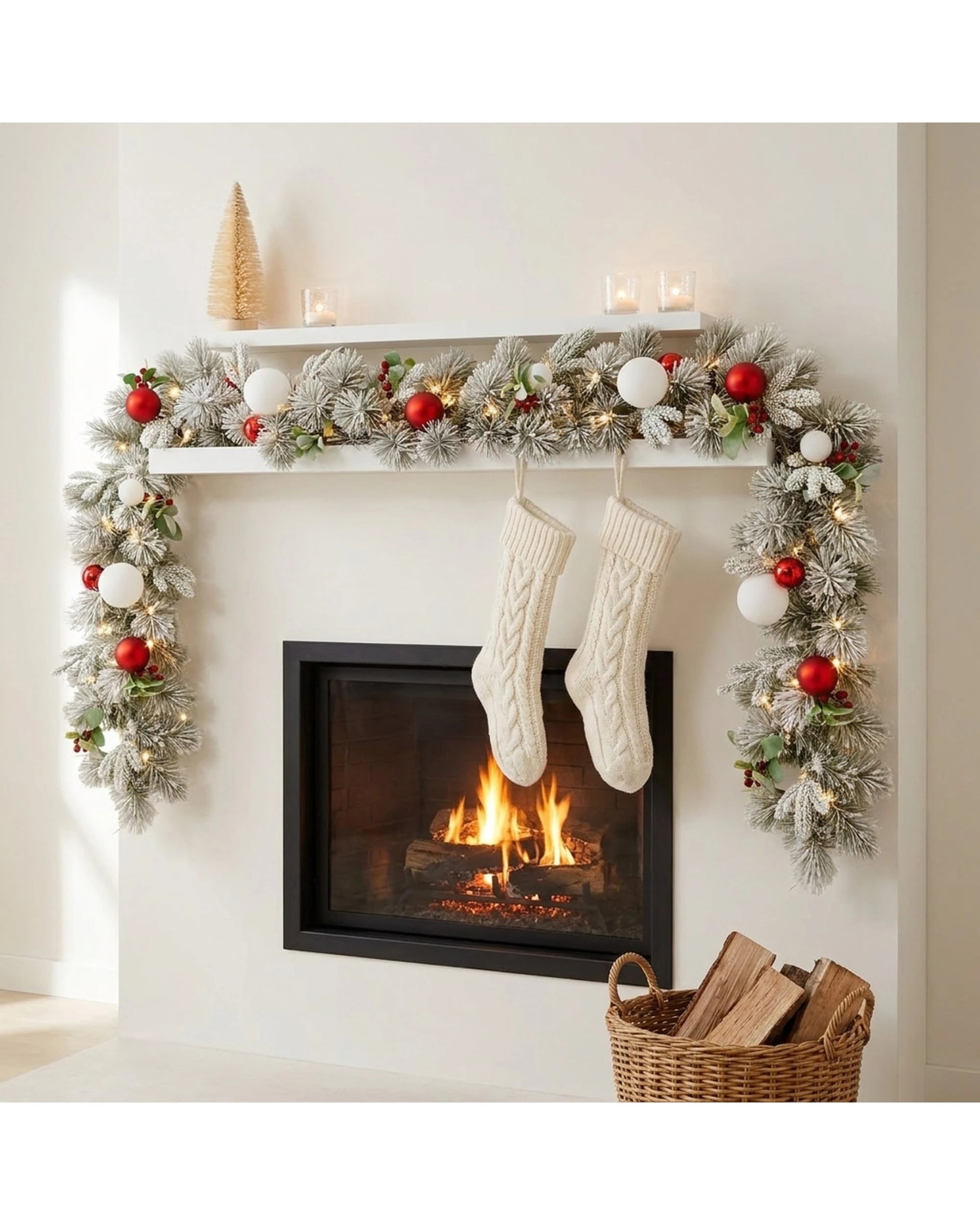 6 Christabelle 2.74m Snowy Elegance Christmas Garland Pre Lit Warm White LED Red Baubles Berries Flocked Mantel Banister, 6 of 7