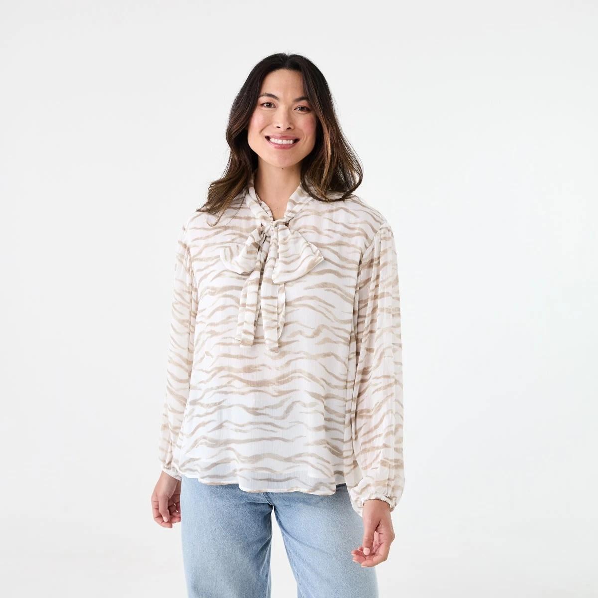 1 Long Sleeve Neck Tie Blouse Sft Zebra, 1 of 6