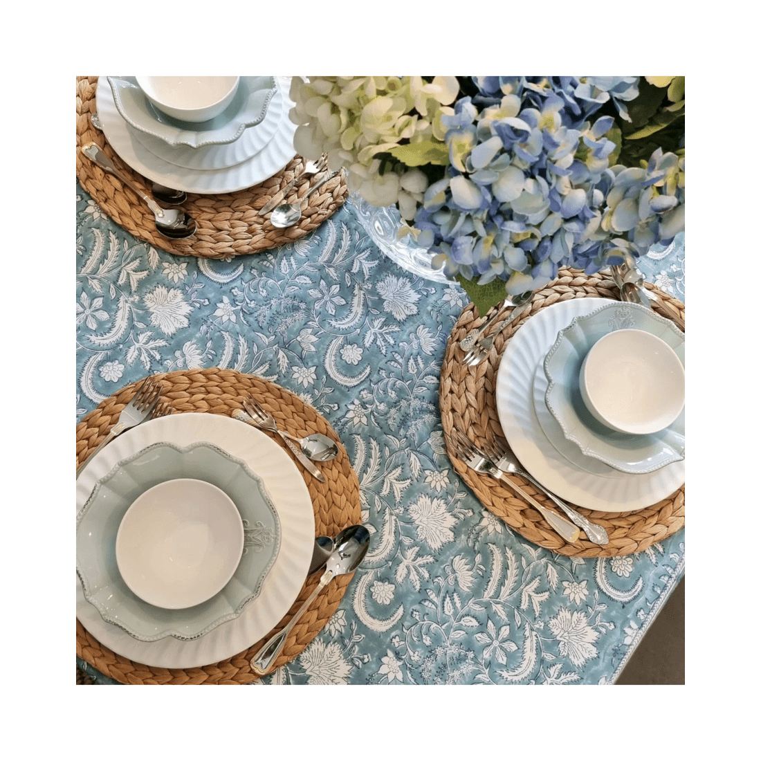 3 Kolka Poppy Hand Block-Printed and Screen-Printed Textiles Tablecloth - Blue, 3 of 6