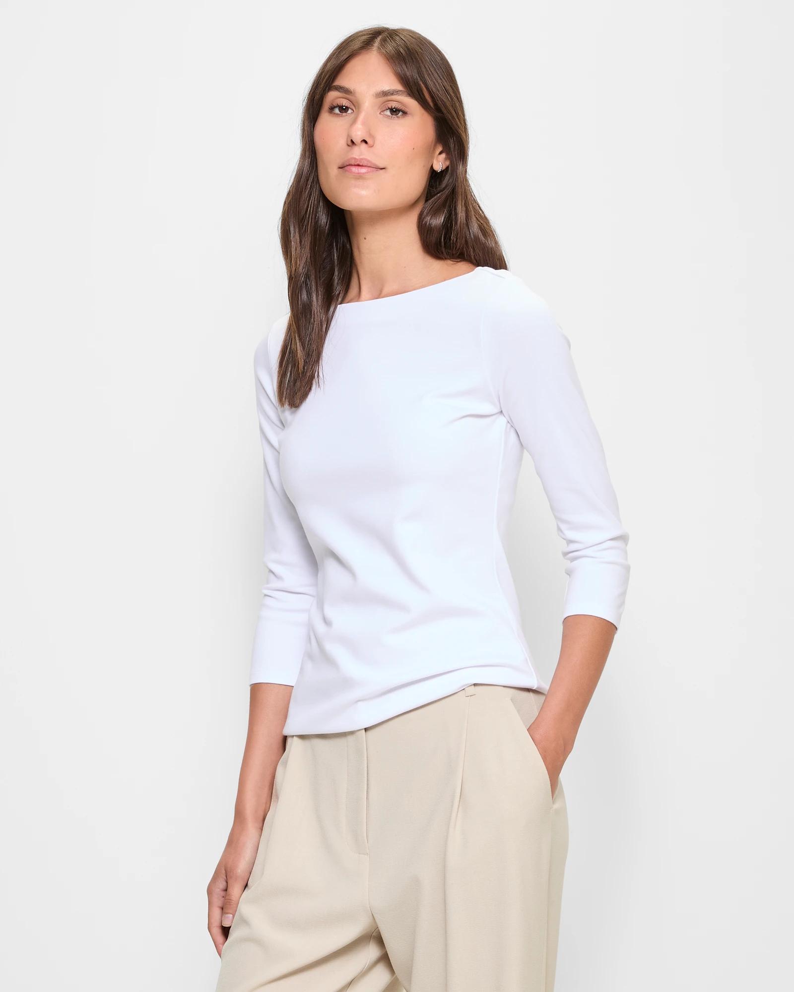 3 3/4 Sleeve Boat Neck Ponte Top - Preview WHITE, 3 of 5