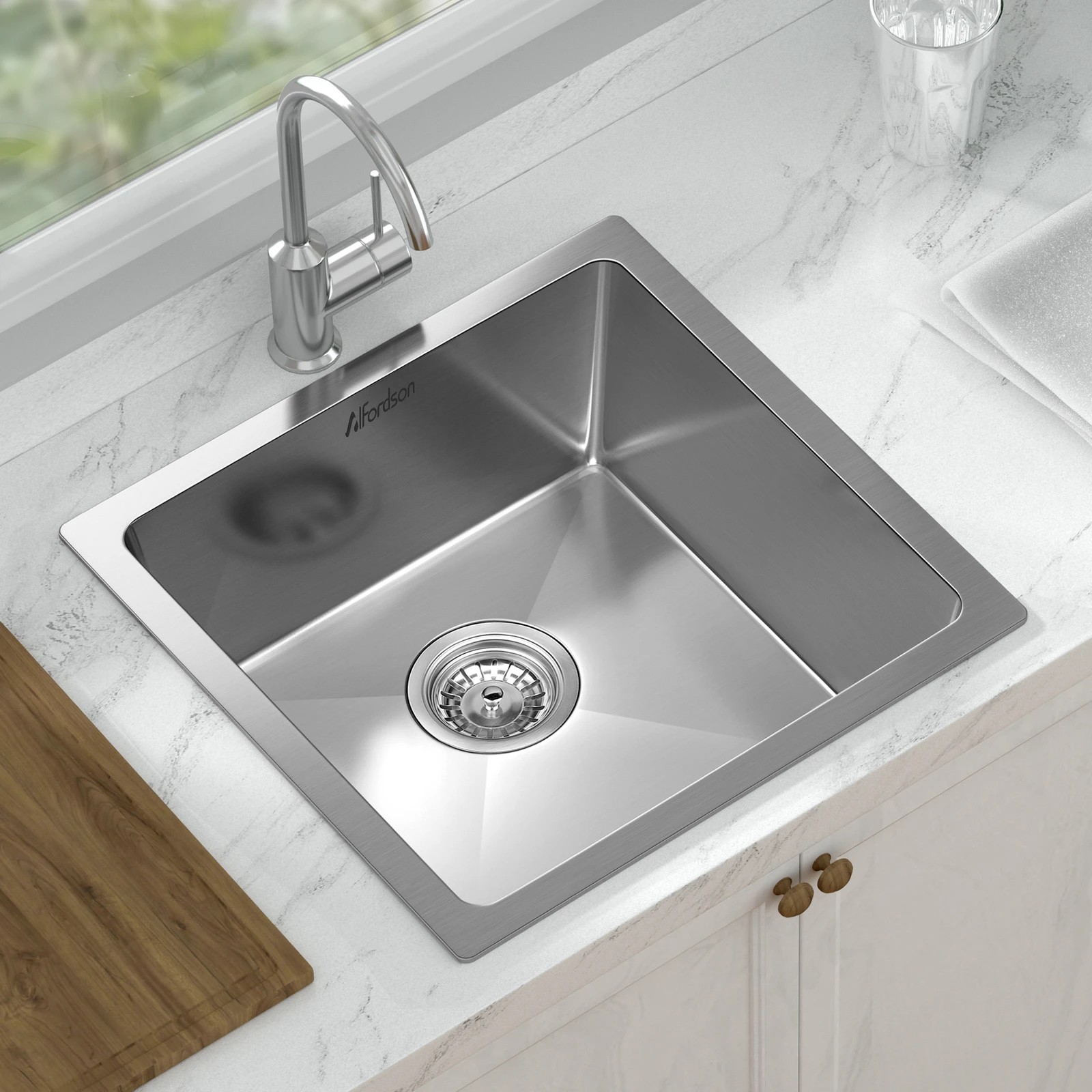 3 Alfordson Kitchen Sink 44x44cm Stainless Steel Basin Single Bowl - Silver, 3 of 8