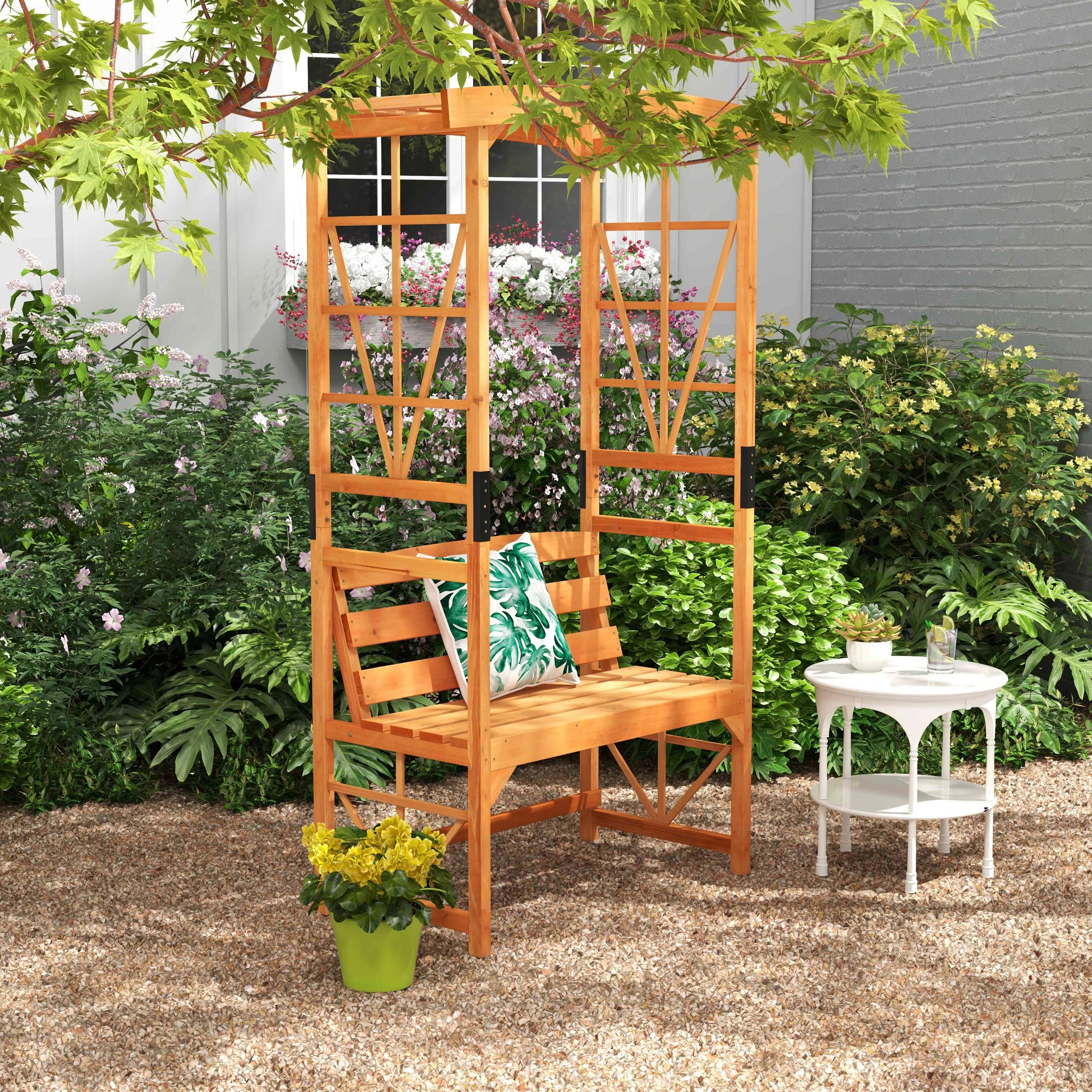 2 Costway Patio Garden Arch Archway 2-Seat Outdoor Wooden Bench w/Pergola & 2 Trellises, 2 of 2