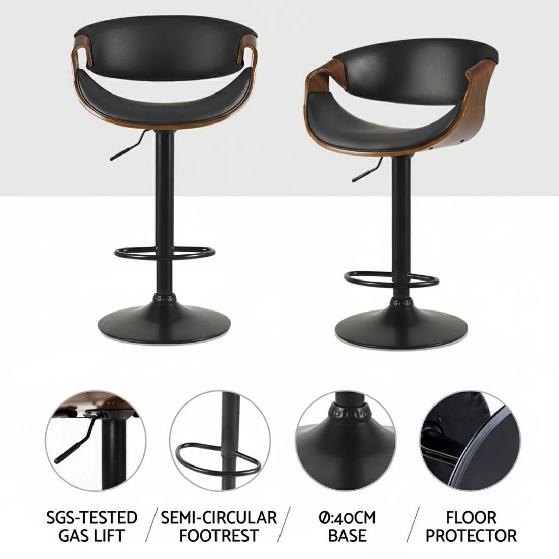 3 Artiss 4x Bar Stools Gas Lift Leather w/Armrest - Black, 3 of 5