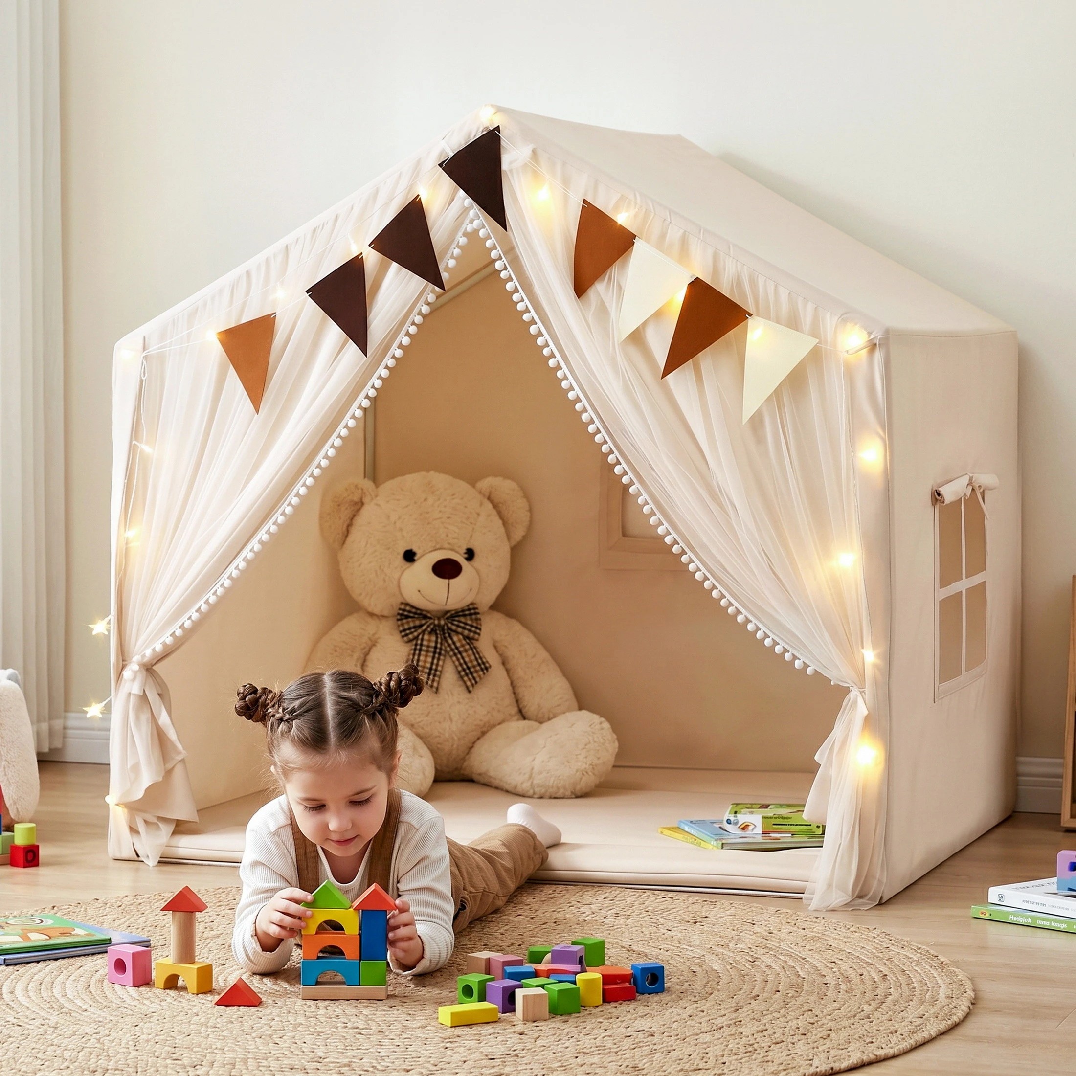 5 Keezi Kids Play Tent with Star Lights, Windows & Flag – 144x95cm Indoor Playhouse - Beige, 5 of 8