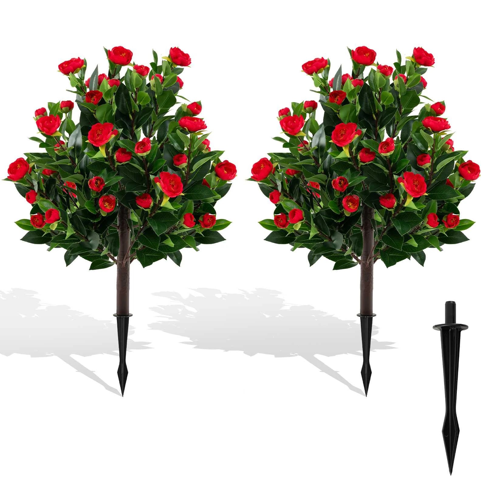 1 Costway Artificial Camellia Tree Set 2 Pack Fake Flower Tree Plants w/Ground Spikes, 1 of 1