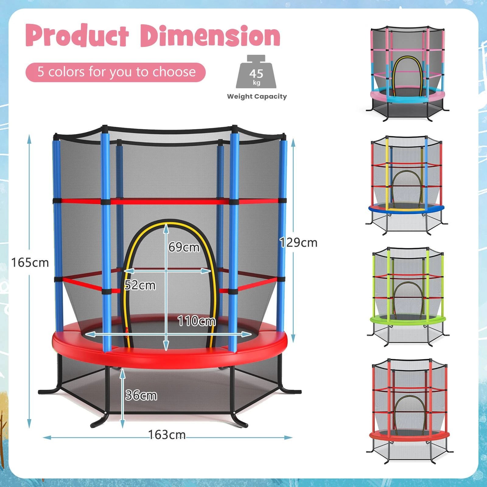 2 Costway Kids Trampoline Bouncer Jumping Trampolines w/Enclosure Net - Blue, 2 of 5