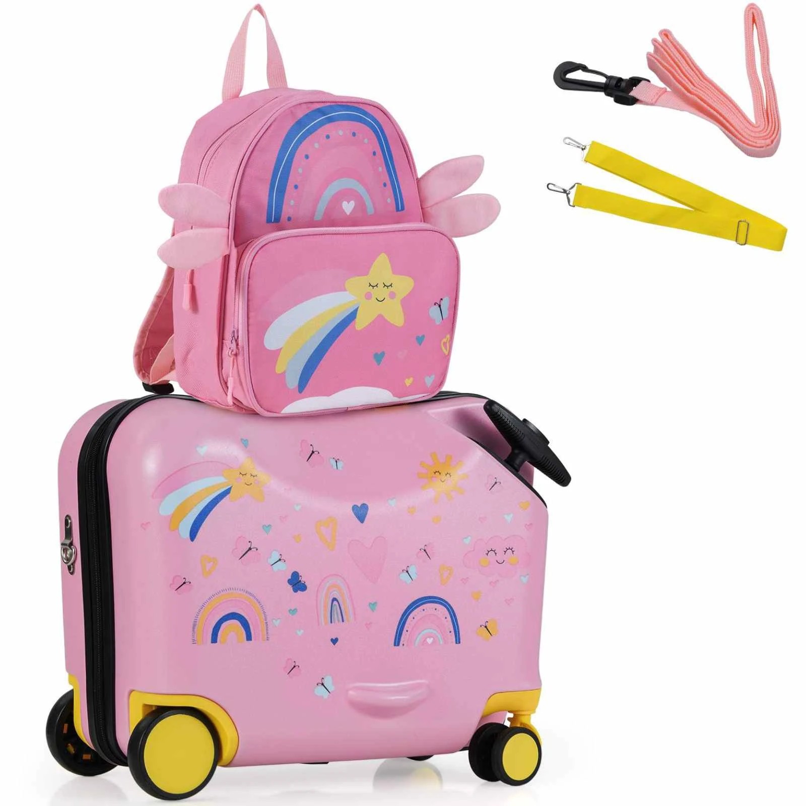 1 Costway 2pcs Ride-on Luggage Set 18" +12" Backpack Starry Travel Trolley Suitcase Set - Pink, 1 of 2