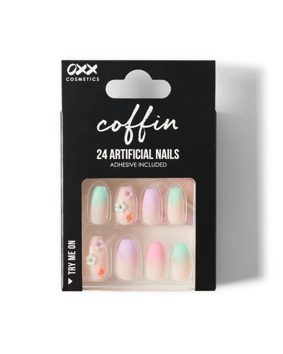 OXX Cosmetics 24 Pack Artificial Nails with Adhesive - Coffin Shape, Ombre 3D Floral