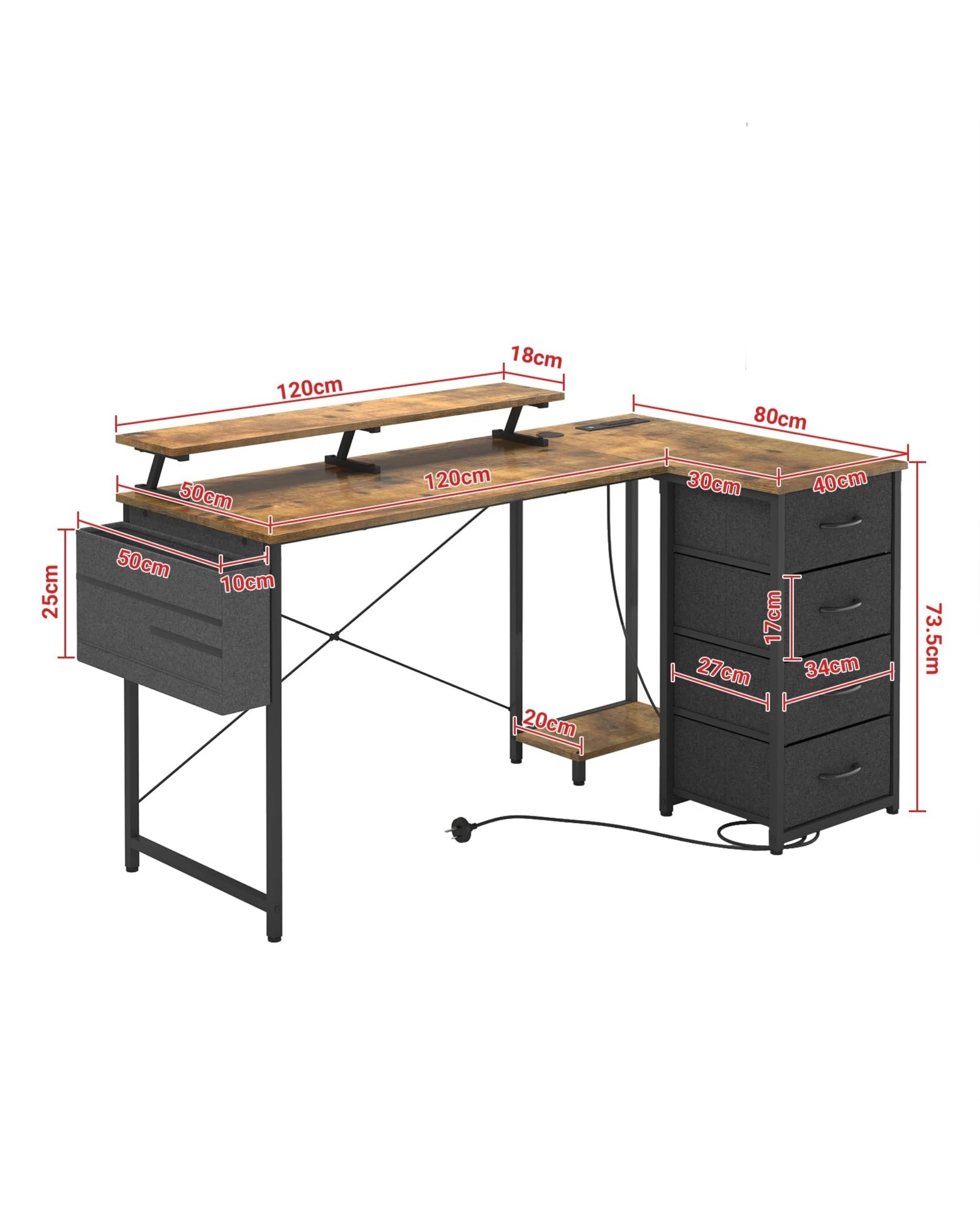 4 Advwin 160cm L Shaped Gaming Desk With Power Outlets Convertible LED Computer Desk - Brown, 4 of 4