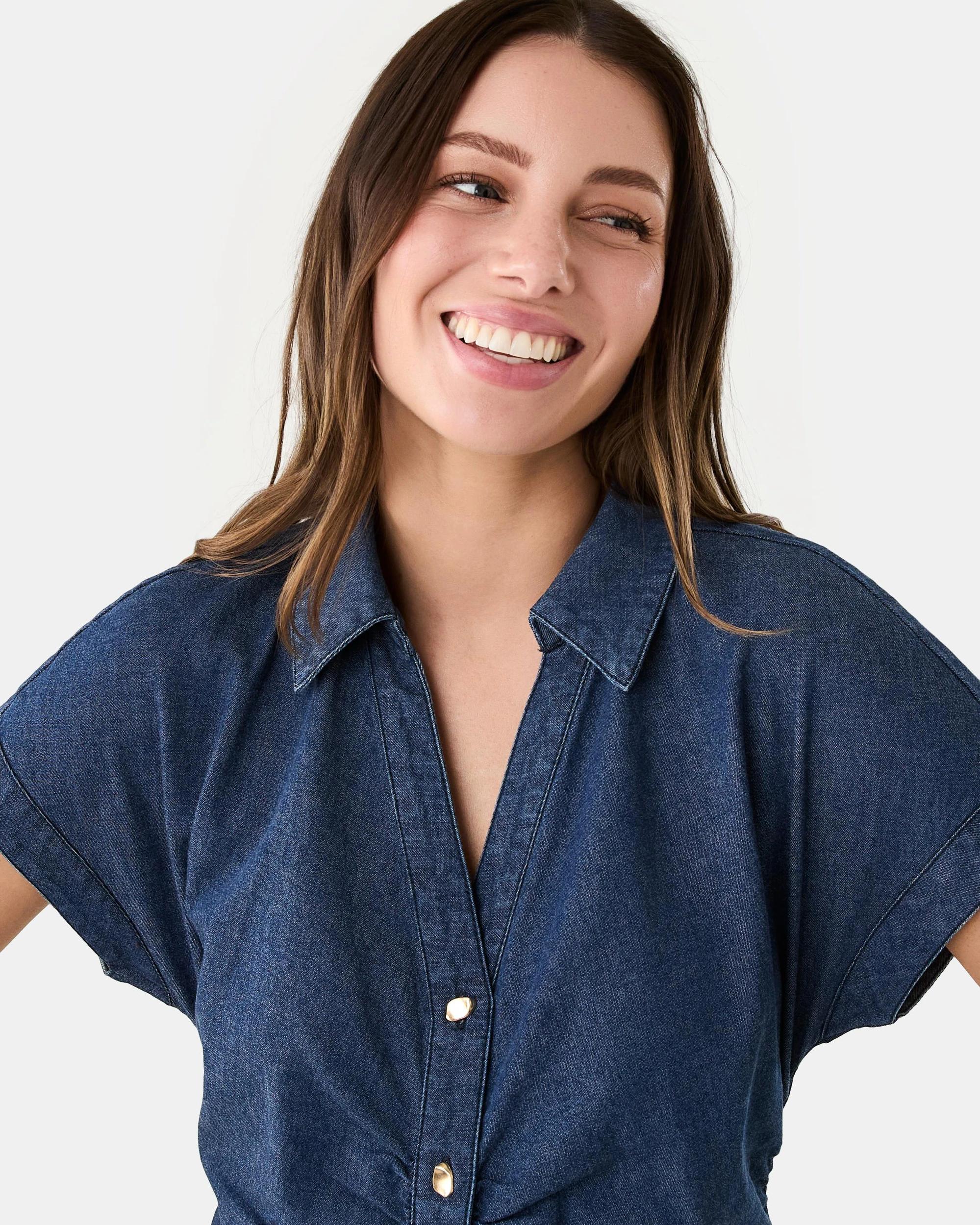 4 Short Sleeve Denim Gathered Midi Dress Dark Denim, 4 of 7