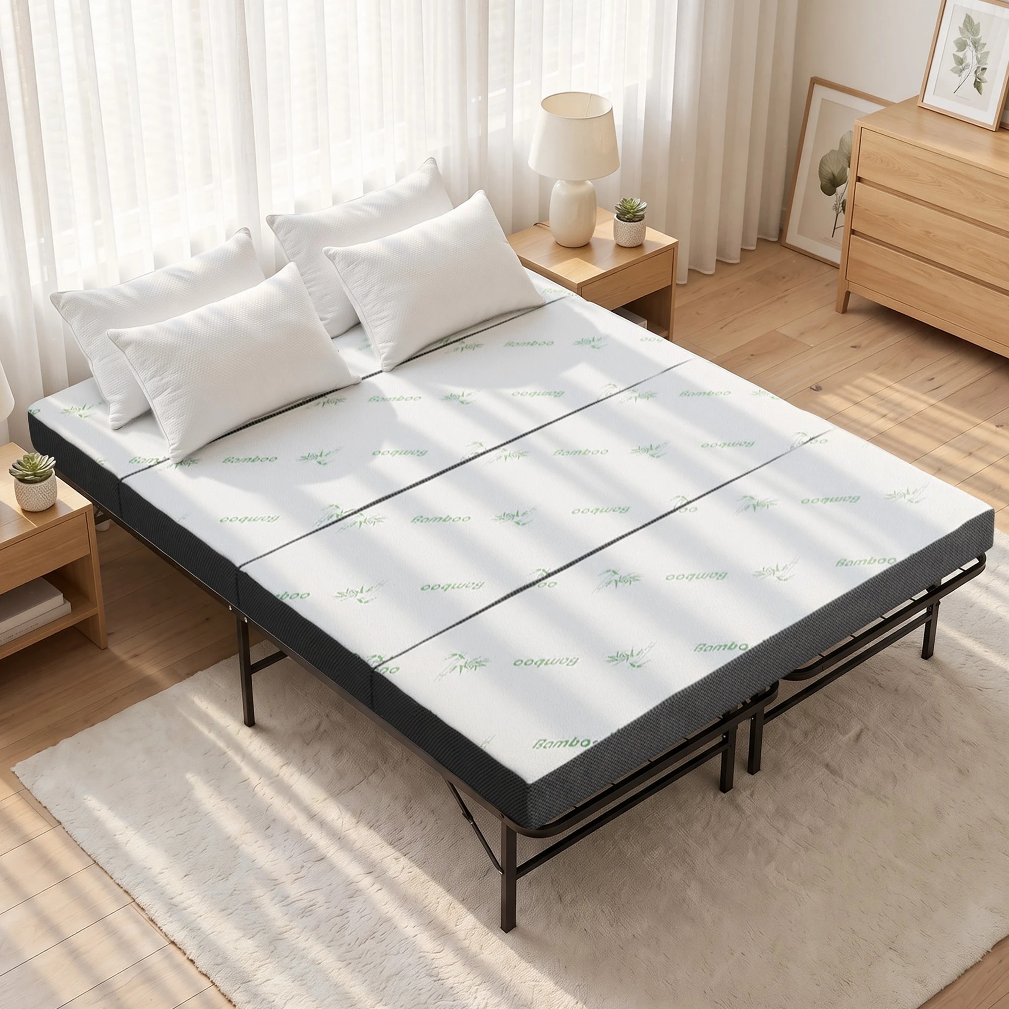 9 Giselle Bedding Folding Bed with Mattress 4 Fold Metal Frame Guest Bed Bamboo Cover - Double Bed - Black, 9 of 9