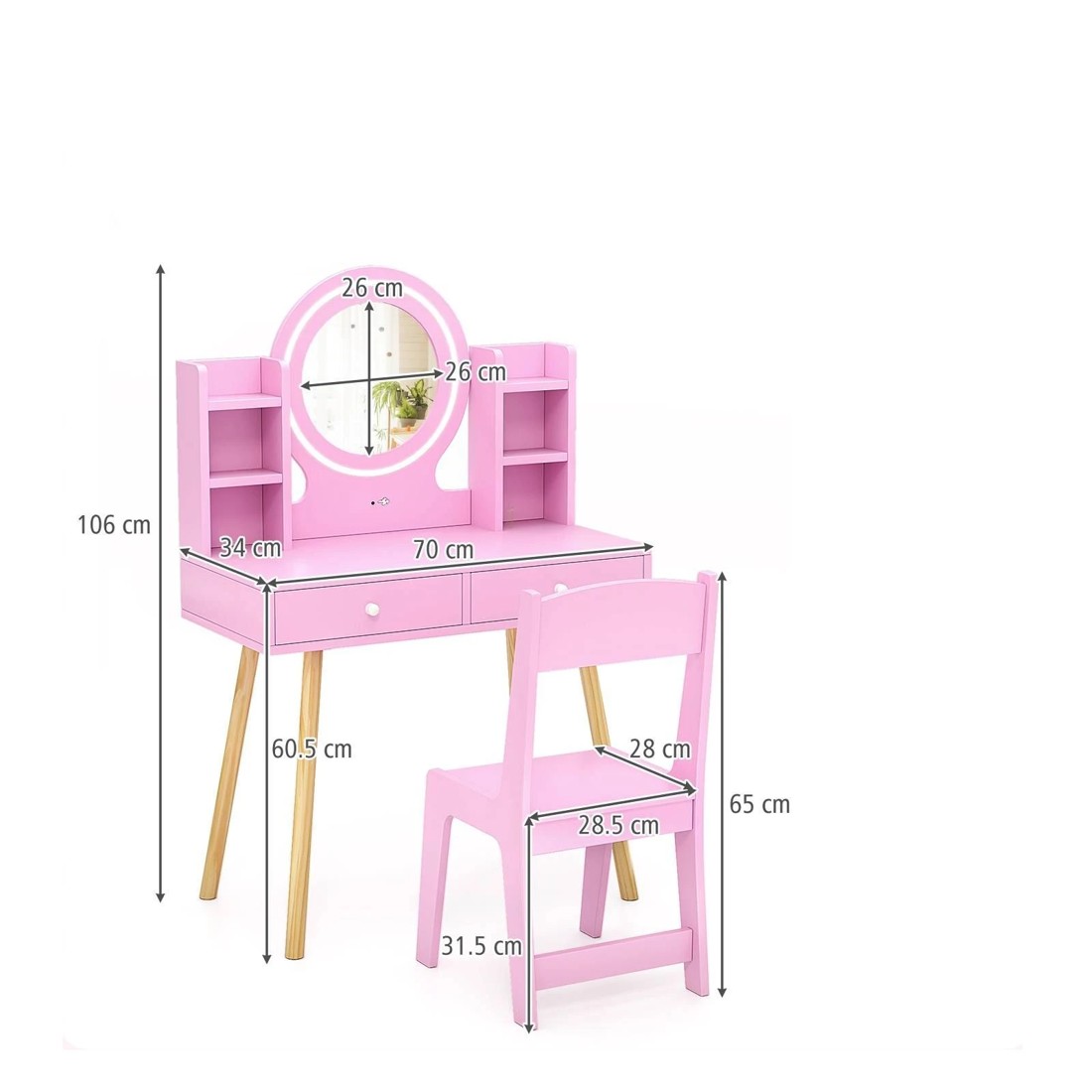 4 Costway Kids Vanity Dressing Table & Chair Set Pink, 4 of 4