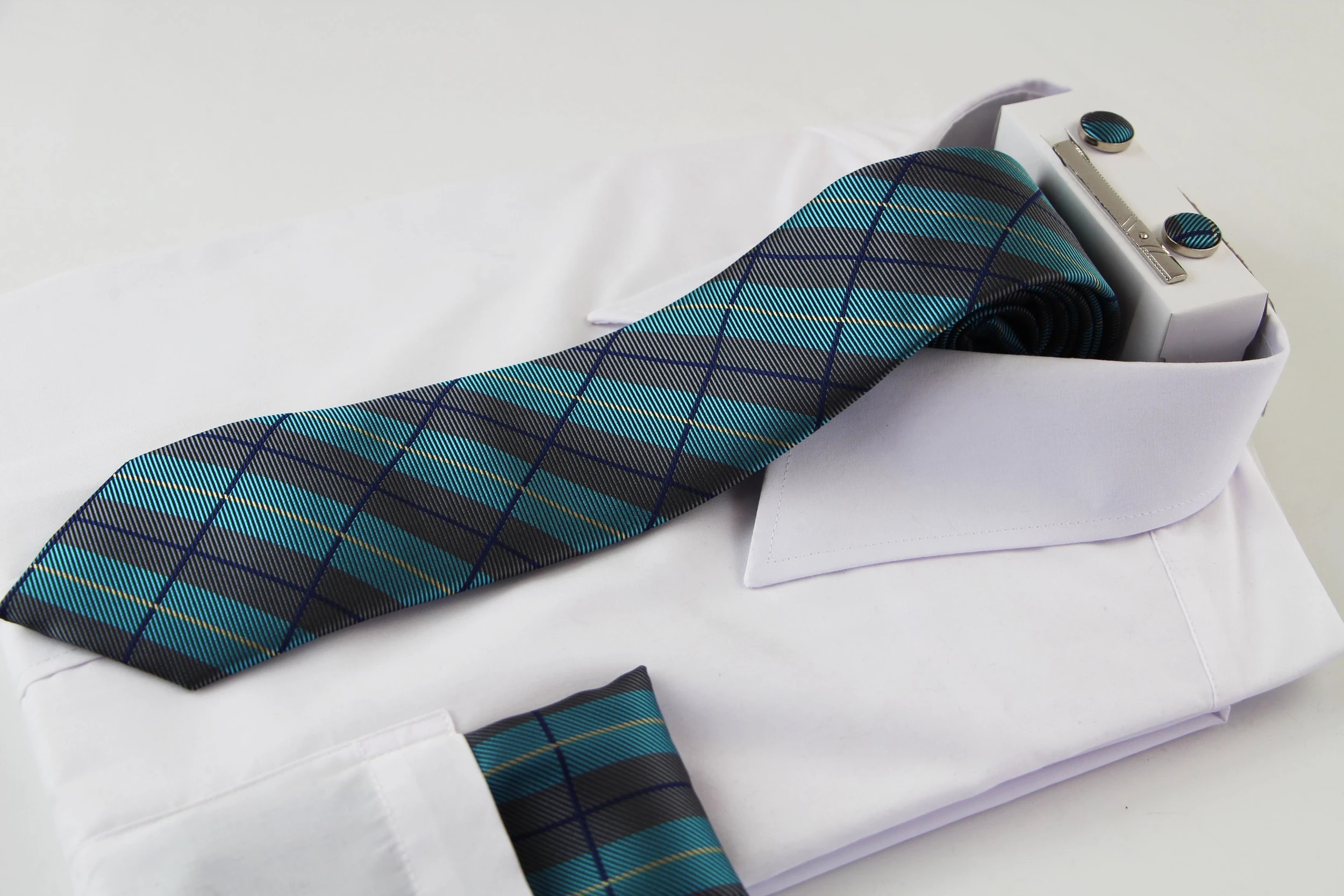 1 Zasel Mens Grey, Sky Blue & Navy Checkered Matching Neck Tie, Pocket Square, Cuff Links And Tie Clip Set - Multi, 1 of 3