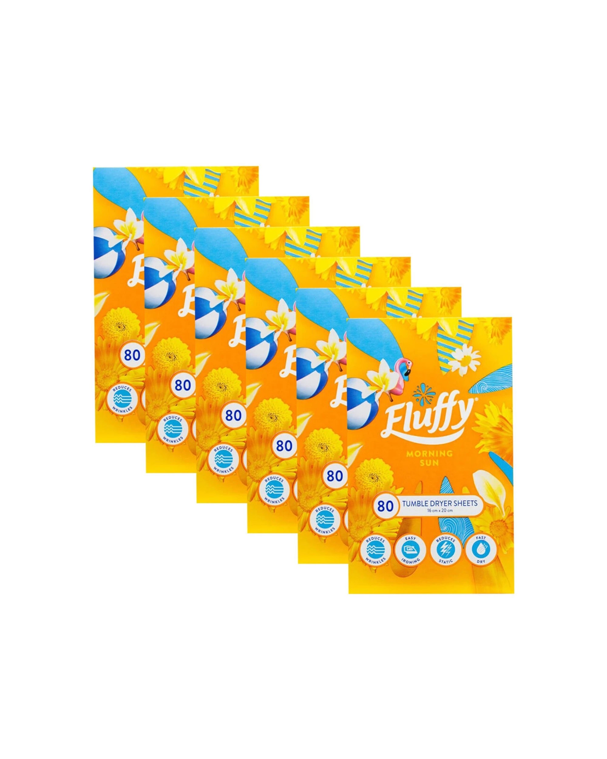 1 Fluffy 6x 80pc Morning Sun Tumble Dryer Sheets Fabric Softener 16x20cm - Yellow, 1 of 3