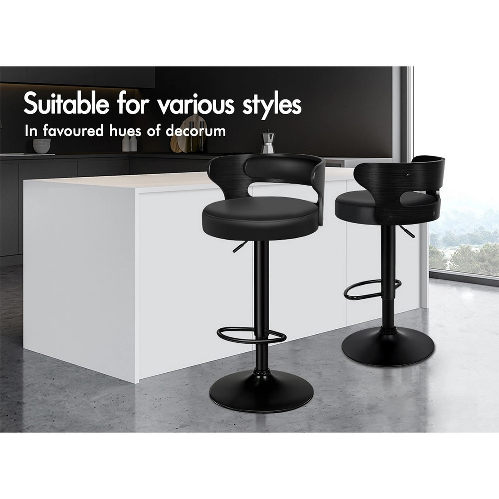 10 Alfordson 2x Bar Stool Kitchen Swivel Chair Wooden Leather Ramiro - Black, 10 of 10