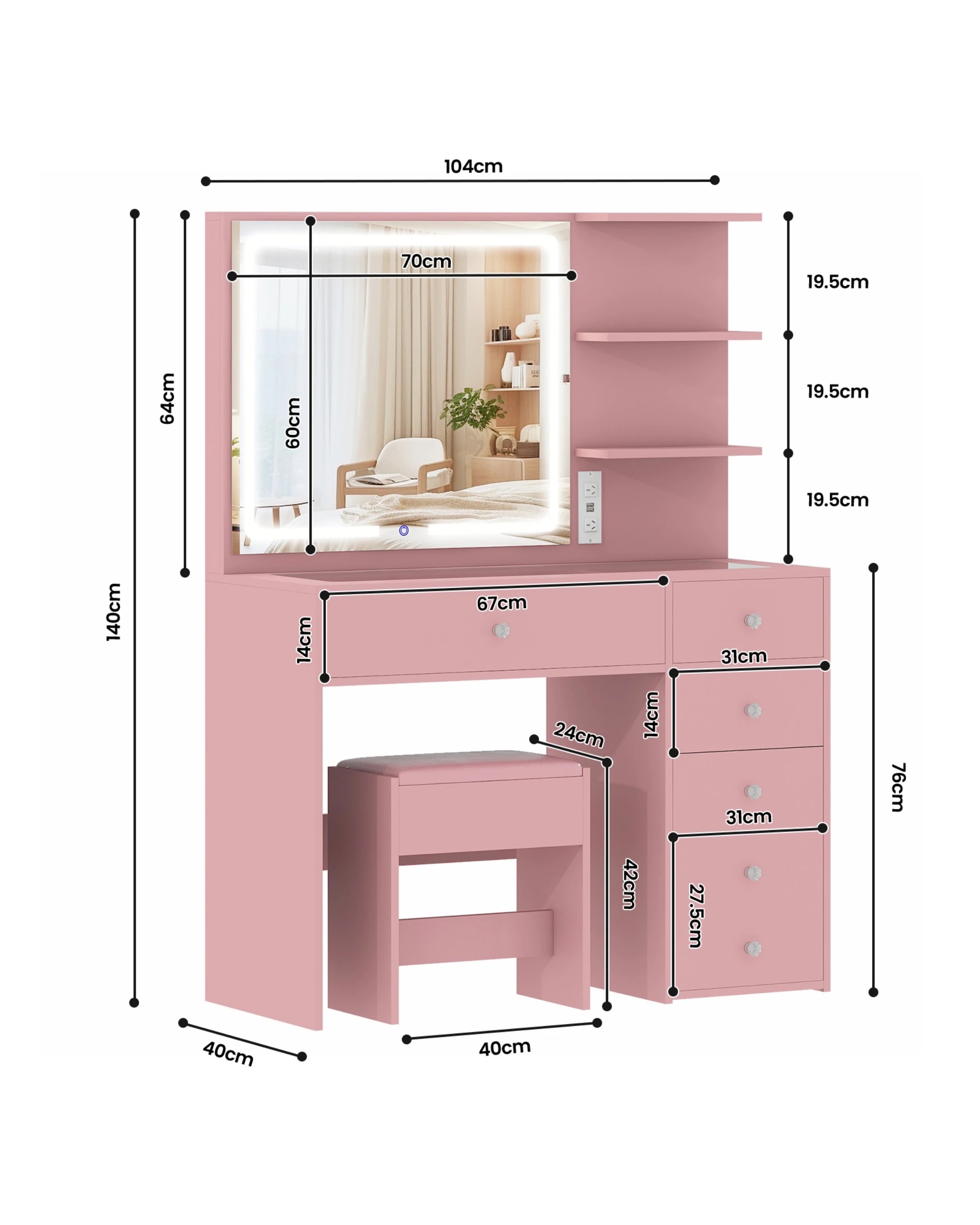 3 Advwin Dressing Table with LED Mirror 5 Drawers and Charging Station - Pink, 3 of 8