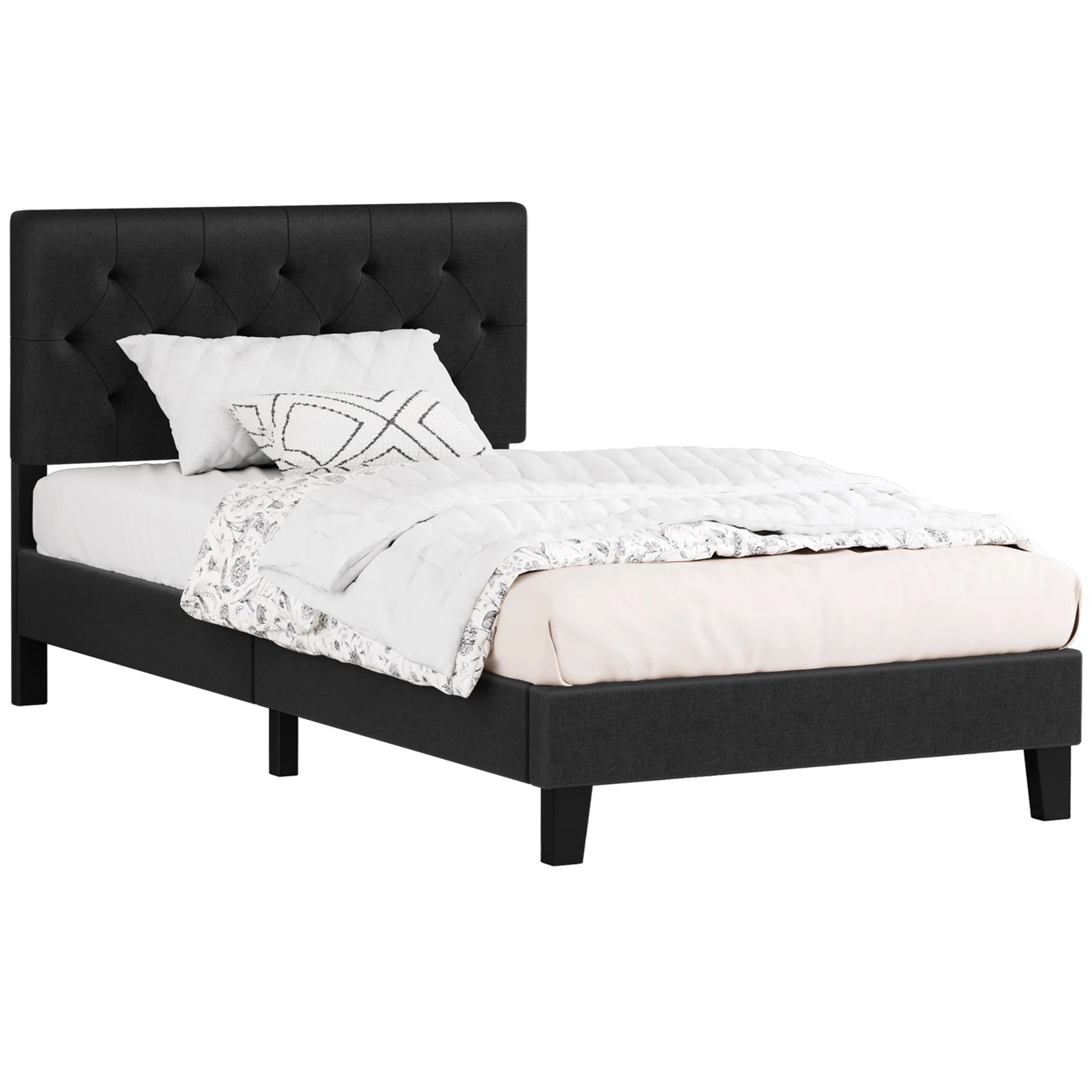 1 Alfordson Bed Frame Single Size Tufted Headboard Modern Fabric Meduna - Charcoal, 1 of 9